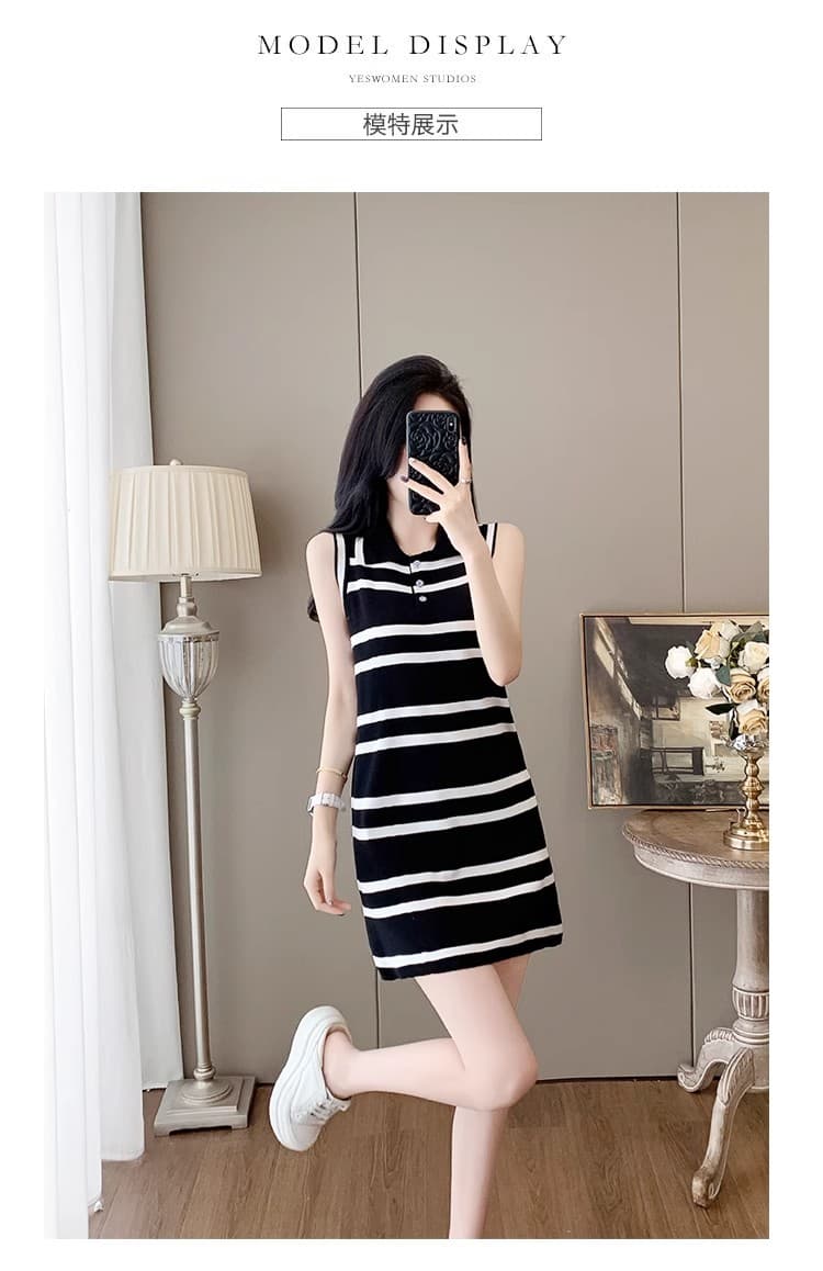 캐주얼 작은 키 여름 프랑스식 절묘한 여성 의류 POLO 칼라 민소매 스트라이프 드레스 루즈핏 외출용 스트레이트 치마 상세 이미지 3