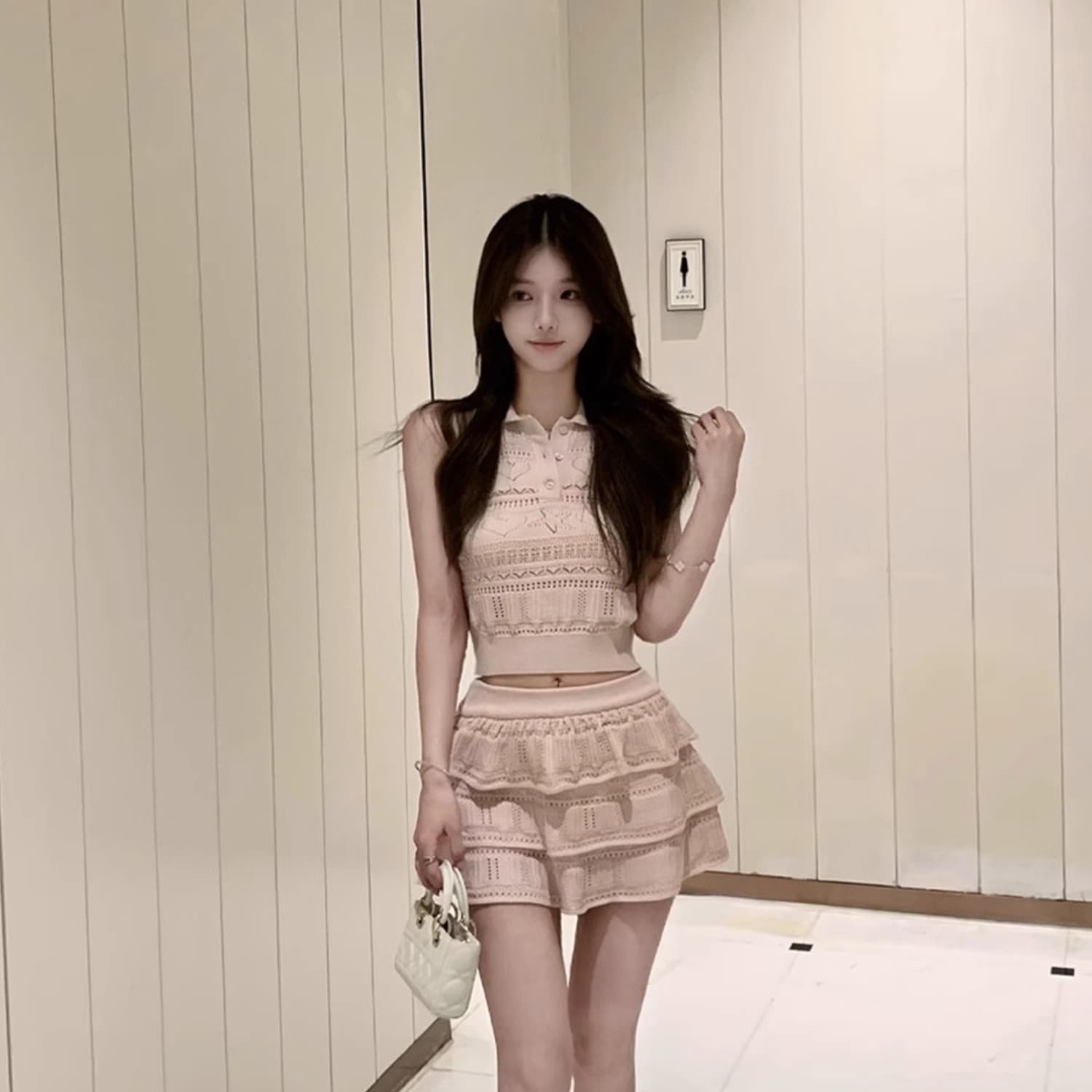만약 언어 맞춤 열매 얼음 양조 한 무거운 작업 하트 홀로우 아웃 니트 조끼 3층 케이크 드레스 반 스커트 세트 이미지 4