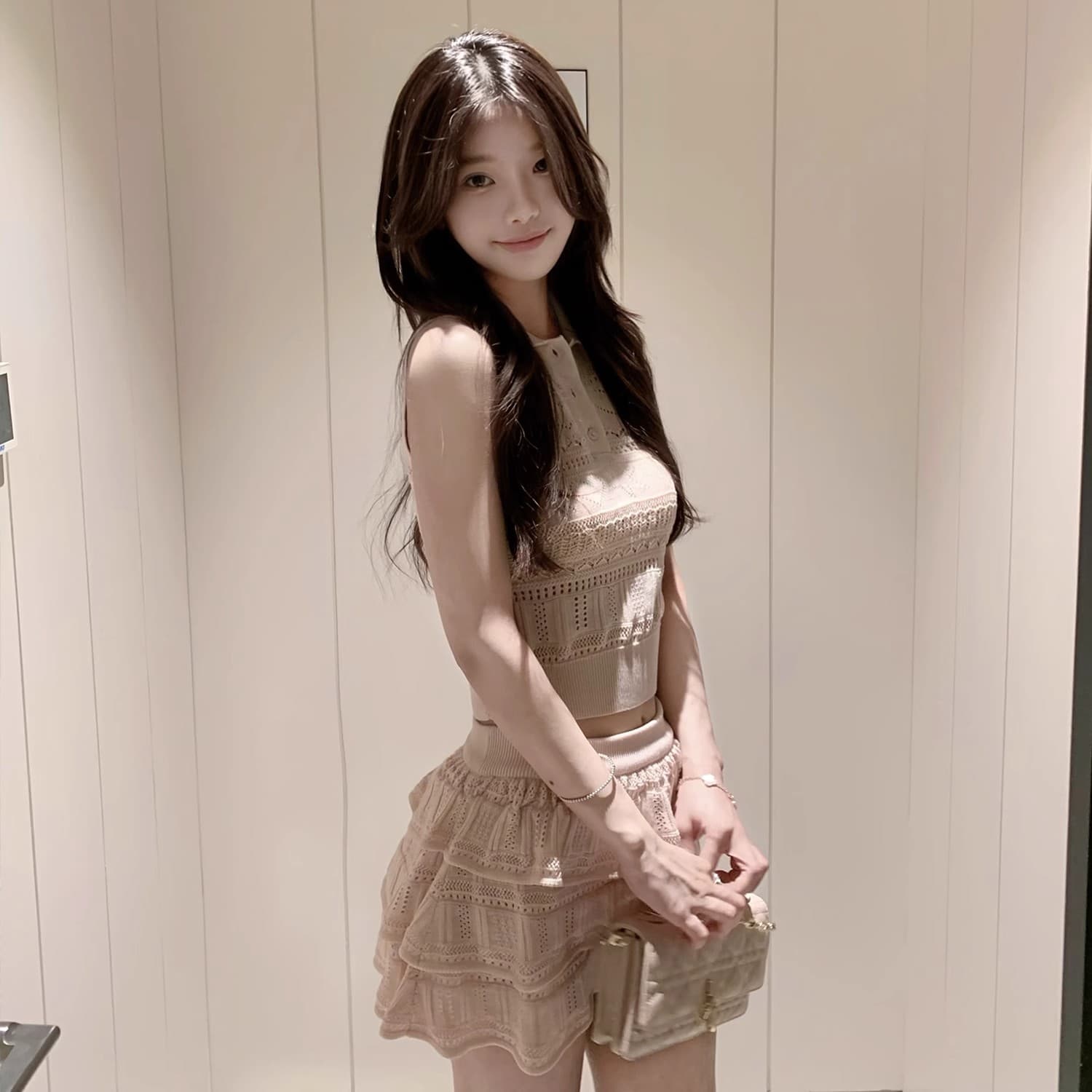 만약 언어 맞춤 열매 얼음 양조 한 무거운 작업 하트 홀로우 아웃 니트 조끼 3층 케이크 드레스 반 스커트 세트 이미지 3