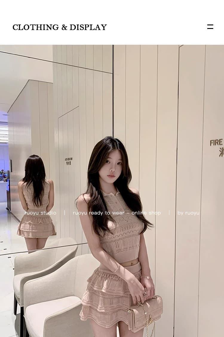 프랑스식 화이트 홀로우 아웃 자수 POLO 칼라 민소매 니트 조끼 미니 스커트 두 조각 여성 세트 여름 다용도 품격 세트 상세 이미지 1