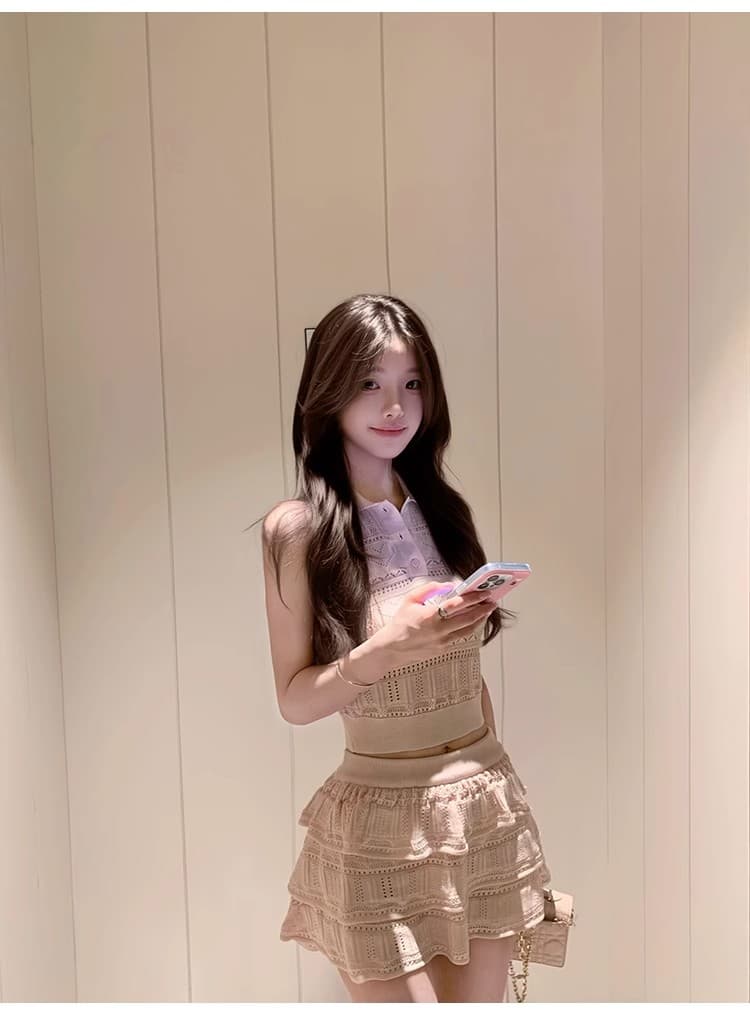 프랑스식 화이트 홀로우 아웃 자수 POLO 칼라 민소매 니트 조끼 미니 스커트 두 조각 여성 세트 여름 다용도 품격 세트 상세 이미지 13