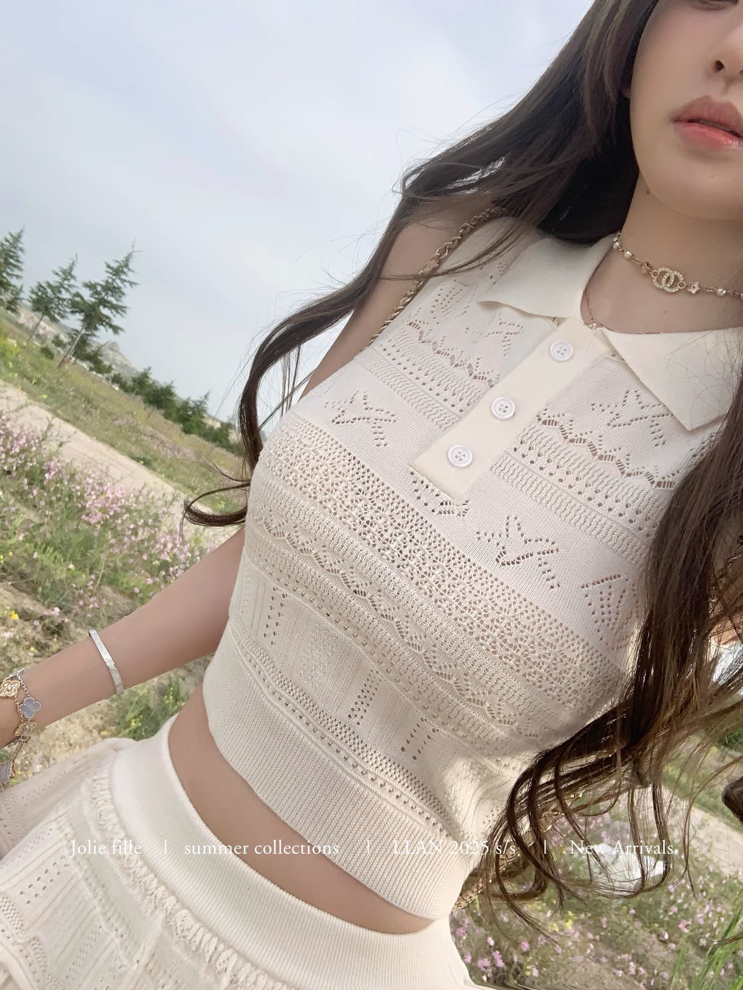 프랑스식 화이트 홀로우 아웃 자수 POLO 칼라 민소매 니트 조끼 미니 스커트 두 조각 여성 세트 여름 다용도 품격 세트 상세 이미지 27