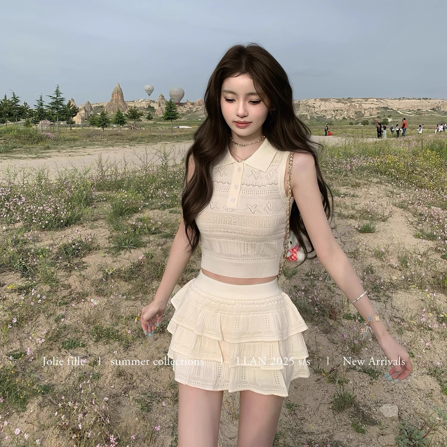 만약 언어 맞춤 열매 얼음 양조 한 무거운 작업 하트 홀로우 아웃 니트 조끼 3층 케이크 드레스 반 스커트 세트 이미지 2