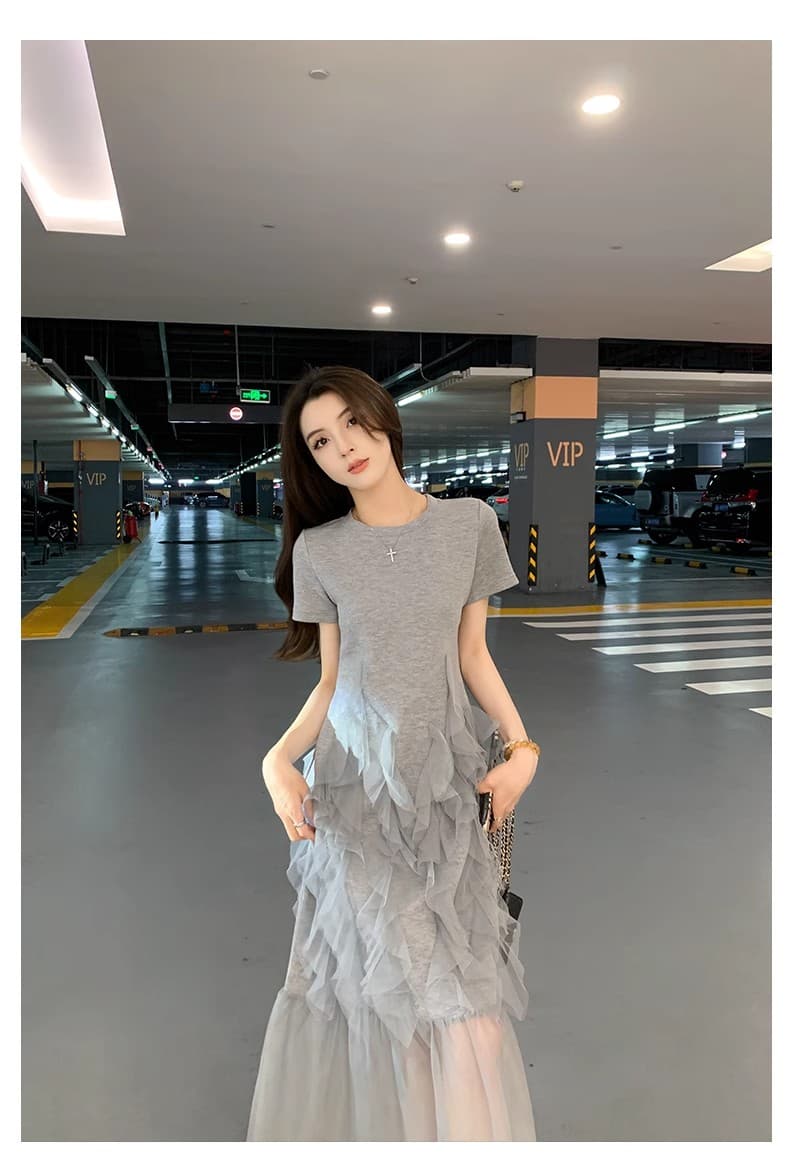 망사 패치워크 회색 여성 드레스 여름 작은 대중 디자인 센스 고유 한 아름다운 품격 연령 감소 슈퍼 잘 생긴 치마 상세 이미지 19