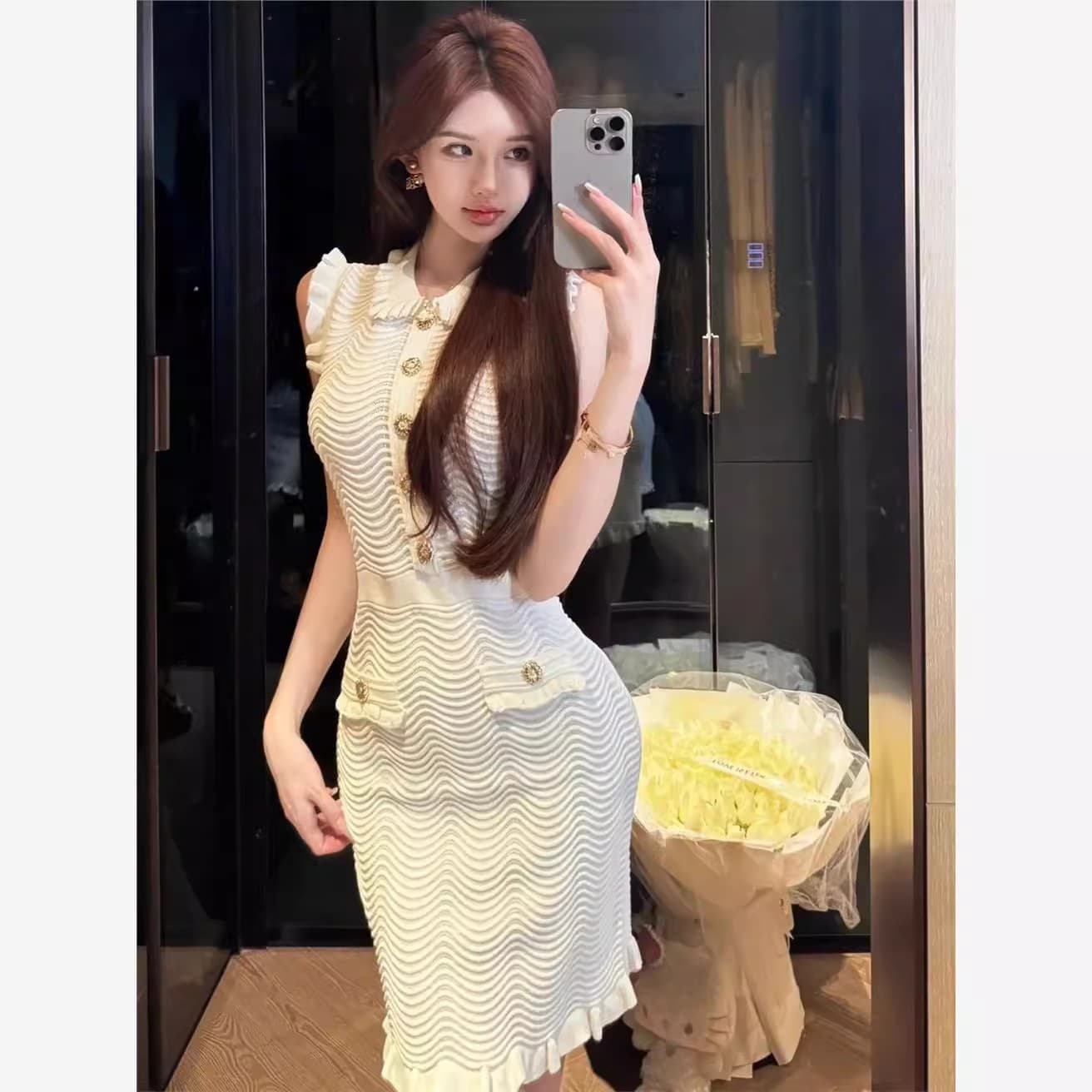 2026 여름 새로운 물결무늬 곡물 프랑스식 프릴 베이비 칼라 인어 꼬리 니트 민소매 조끼 여성 드레스 이미지 2