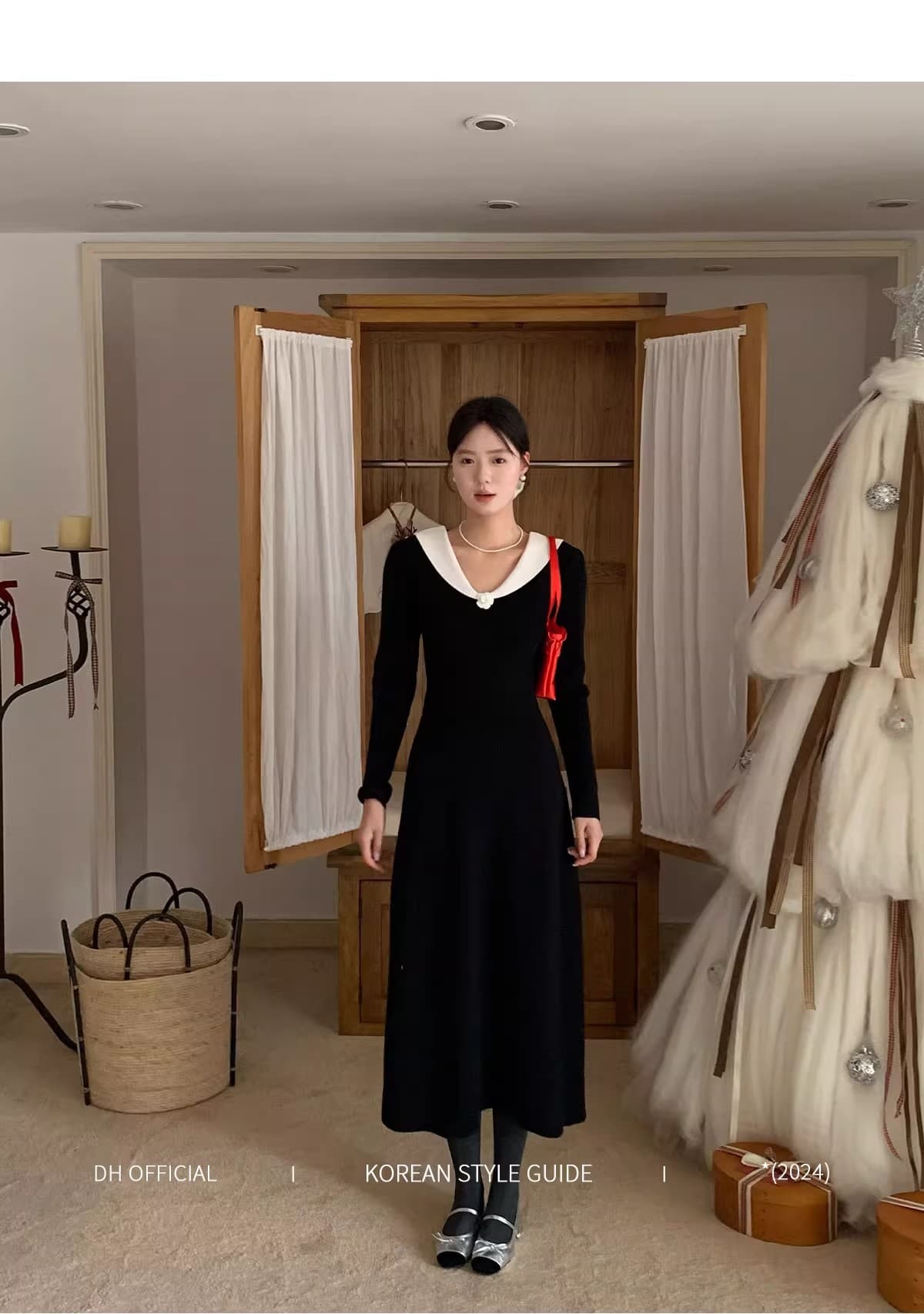 2026 가을 겨울 프랑스식 우아함 검정색 V넥 니트 드레스 고급 센스 품격 허리 수축 슬림해 보이는 롱 스커트 아이들 상세 이미지 13