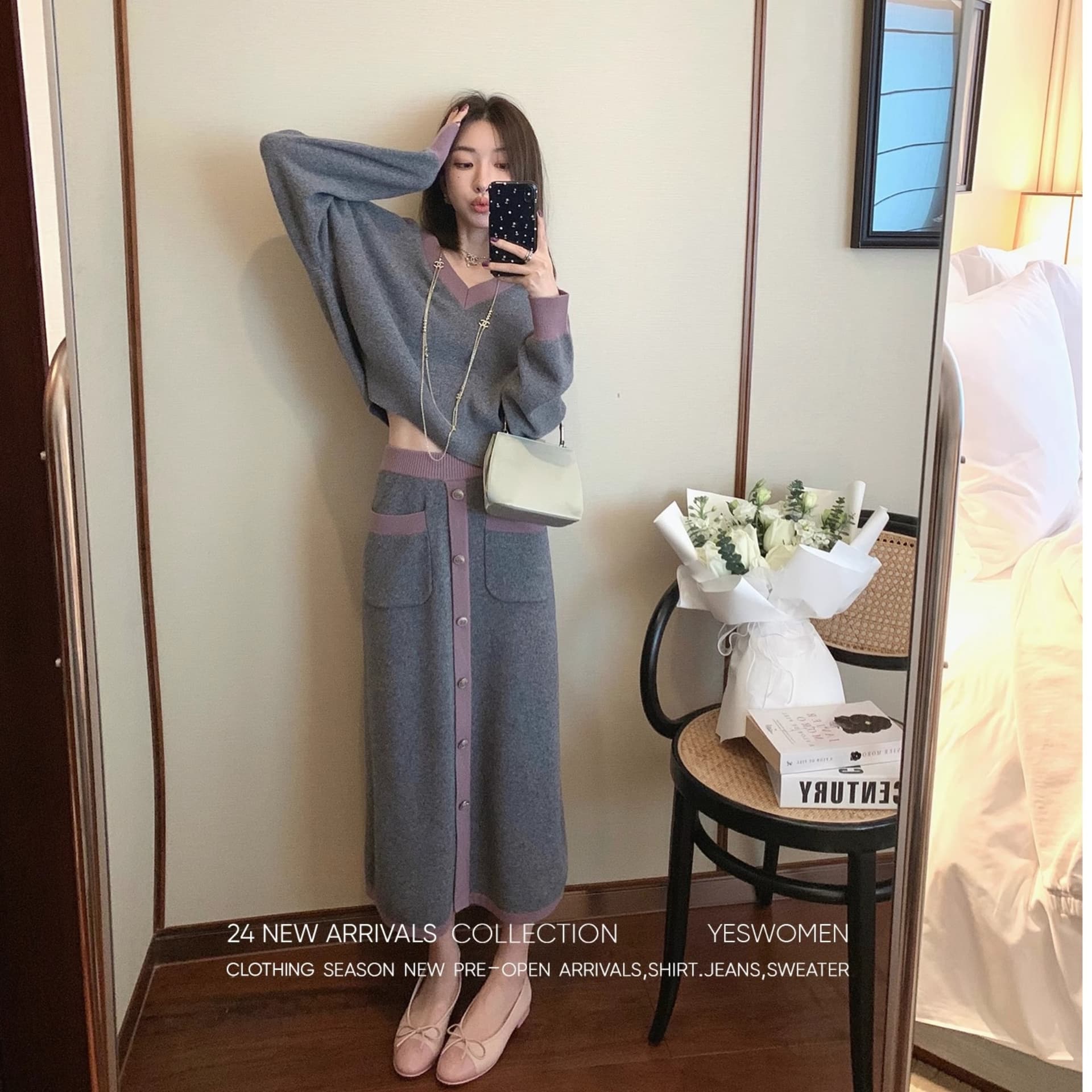 작은 적합한 맞춤 패치워크 색상 니트 향기로운 세트 그룹 섬세한 부드럽다 아름다움 이익 노예 양모 작은 샤넬 스타일 세트 전체 집합 이미지 2