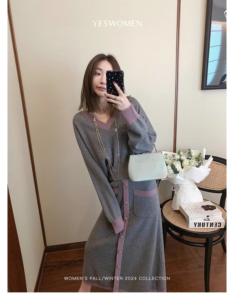 작은 적합한 맞춤 패치워크 색상 니트 향기로운 세트 그룹 섬세한 부드럽다 아름다움 이익 노예 양모 작은 샤넬 스타일 세트 전체 집합 상세 이미지 7