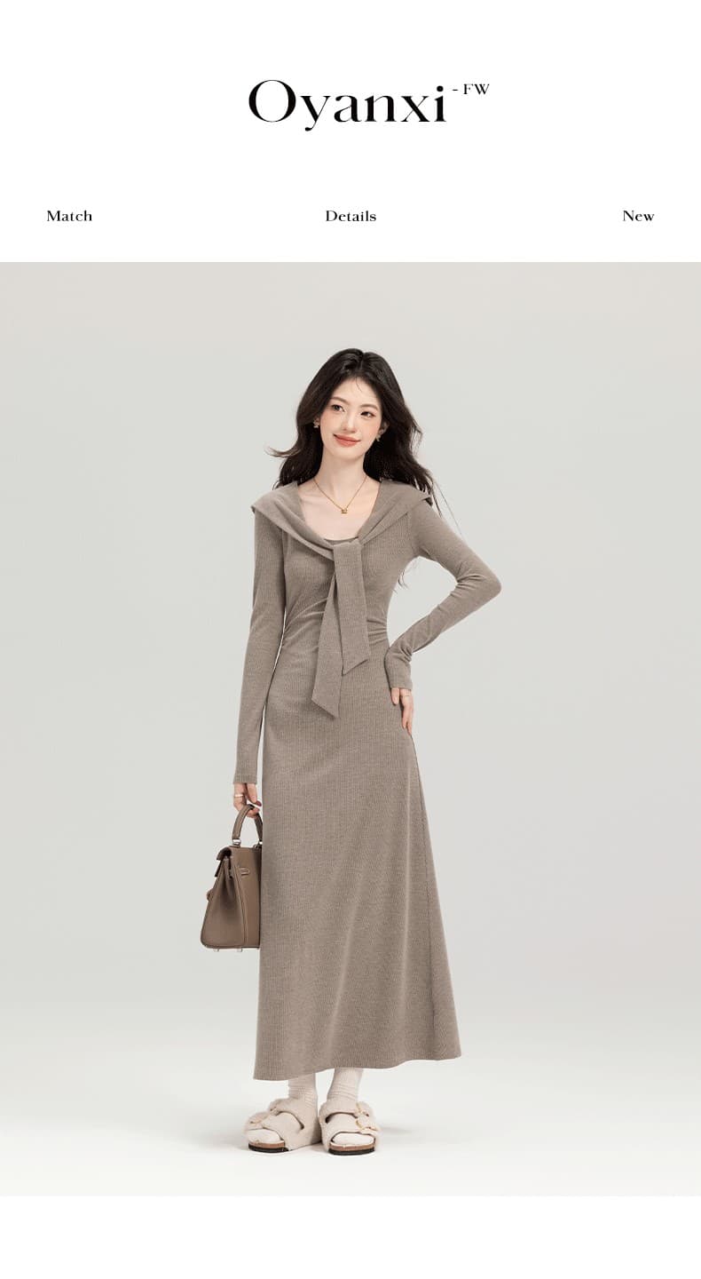2026 년 가을 느긋한 바람 페이크 레이어드 레이스업 숄 드레스 백작 센스 슬림해 보이는 인사이드 가져 가라. 니트 롱 스커트 상세 이미지 1