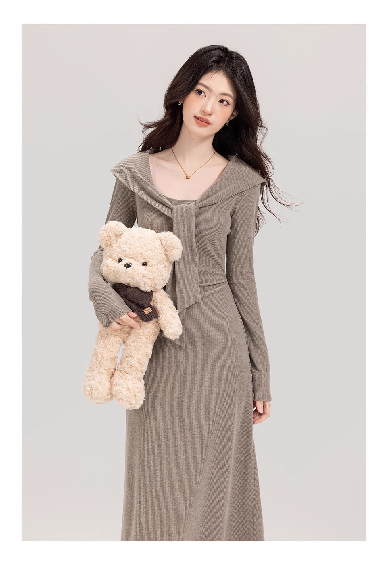 2026 년 가을 느긋한 바람 페이크 레이어드 레이스업 숄 드레스 백작 센스 슬림해 보이는 인사이드 가져 가라. 니트 롱 스커트 상세 이미지 19