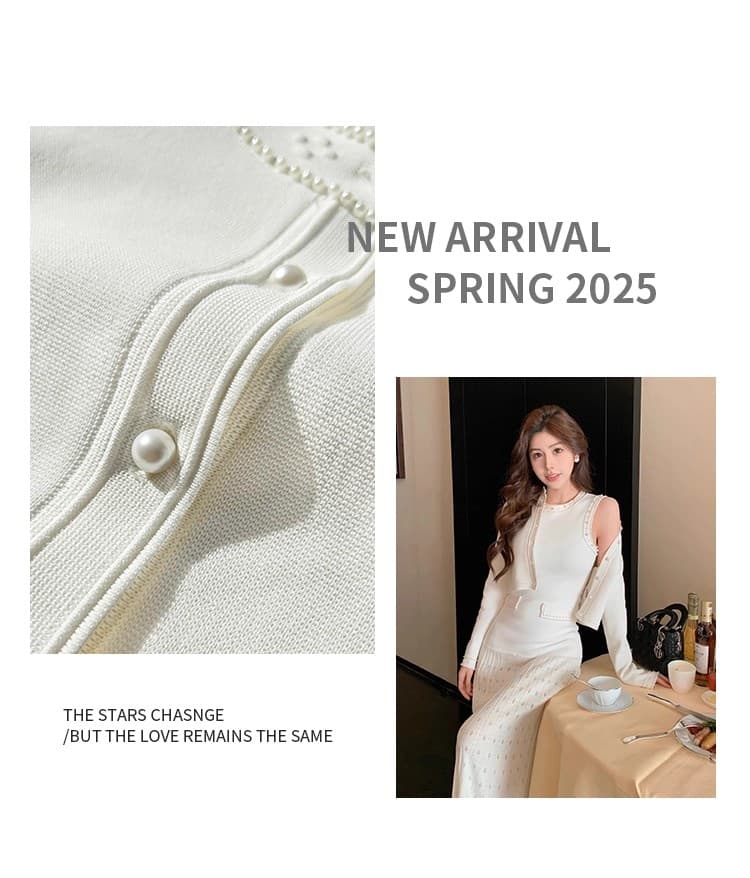 2026 년 프랑스식 니트 패치워크 진주 칼라 조끼 스커트 여성 봄 빛 럭셔리 고급 센스 품격 허리 수축 드레스 상세 이미지 1