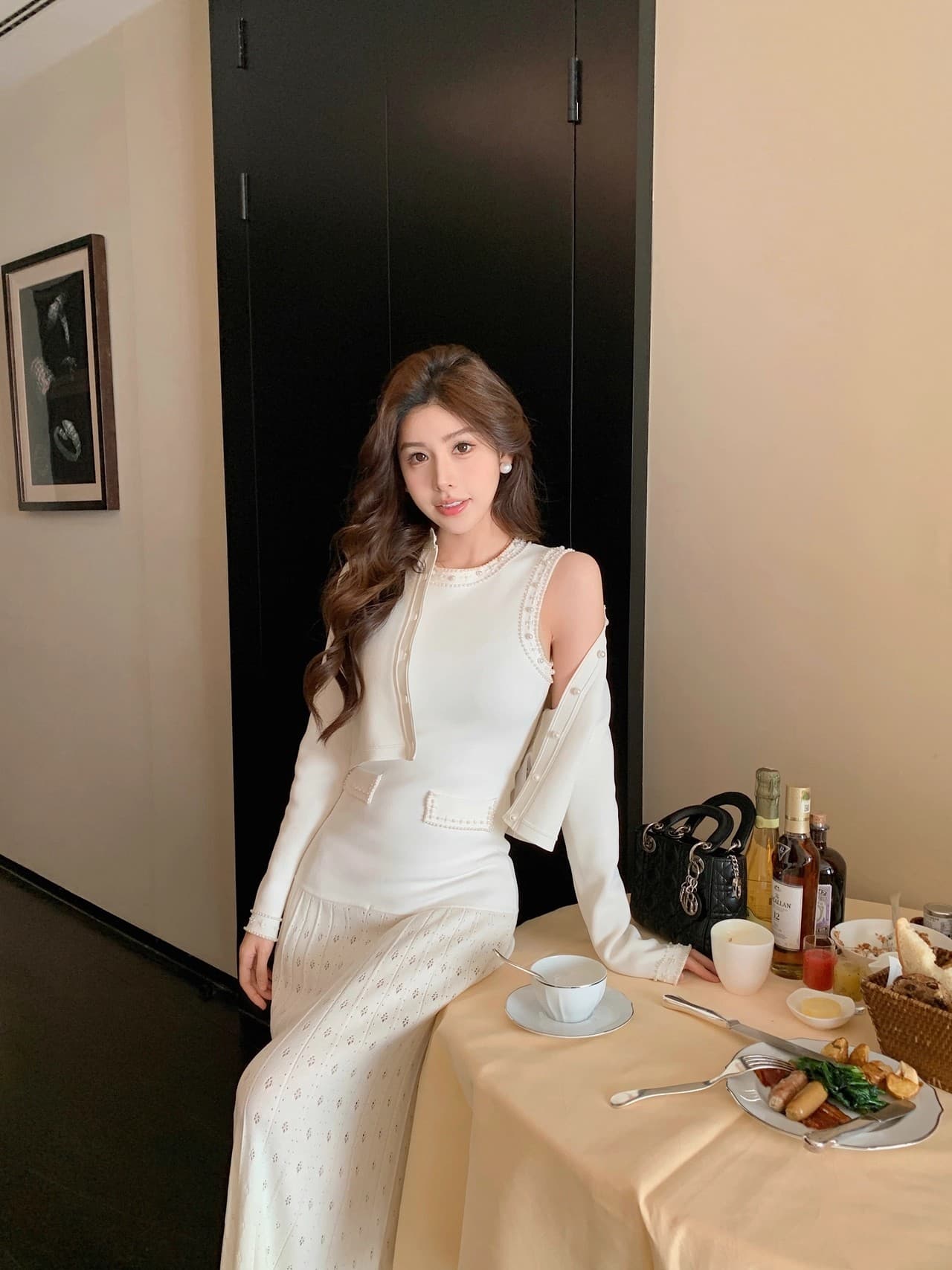 2026 년 프랑스식 니트 패치워크 진주 칼라 조끼 스커트 여성 봄 빛 럭셔리 고급 센스 품격 허리 수축 드레스 상세 이미지 28