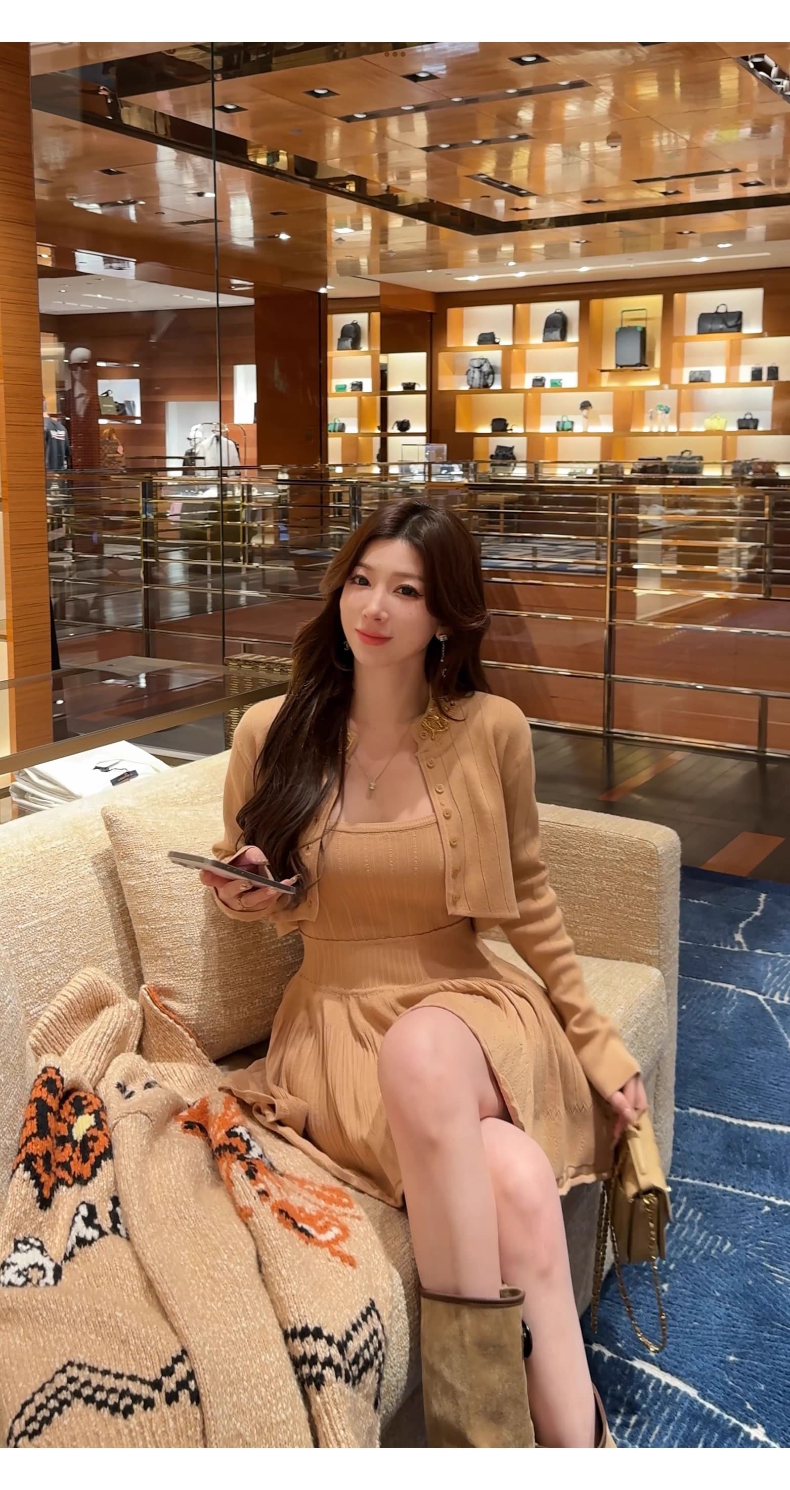빛 럭셔리 명문 여성 무거운 작업 다이아몬드 세팅 니트 오픈 가디건 맨위 허리 수축 슬립 초단 여성 드레스 발레 바람 투피스 세트 상세 이미지 19