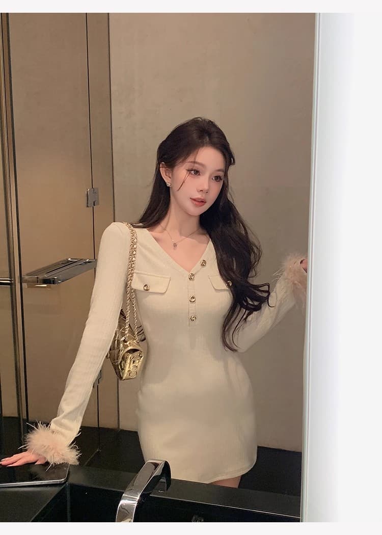 치우 고기 야오 화이트 털 머리 소매 샤오시엔 V넥 니트 여성 드레스 가을 새로운 몸매 가꾸기 품격 타이트 스커트 상세 이미지 12