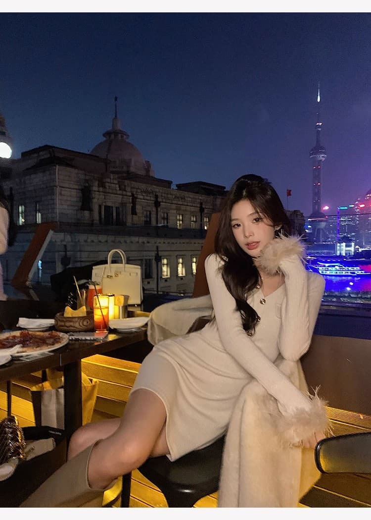 치우 고기 야오 화이트 털 머리 소매 샤오시엔 V넥 니트 여성 드레스 가을 새로운 몸매 가꾸기 품격 타이트 스커트 상세 이미지 23