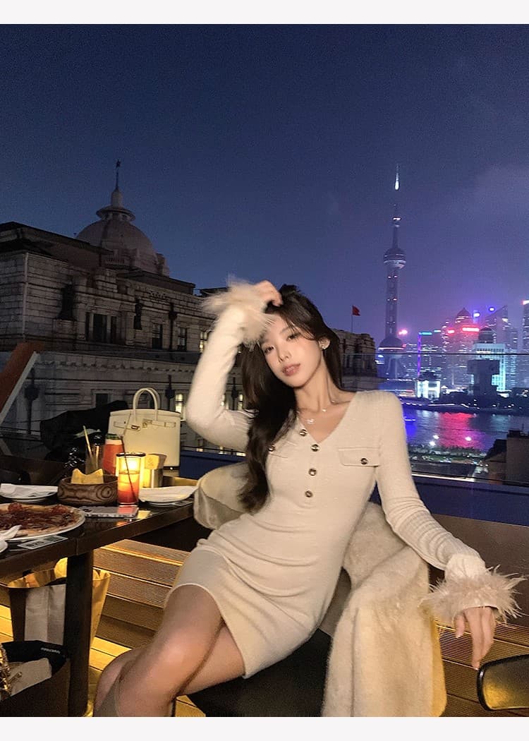 치우 고기 야오 화이트 털 머리 소매 샤오시엔 V넥 니트 여성 드레스 가을 새로운 몸매 가꾸기 품격 타이트 스커트 상세 이미지 31