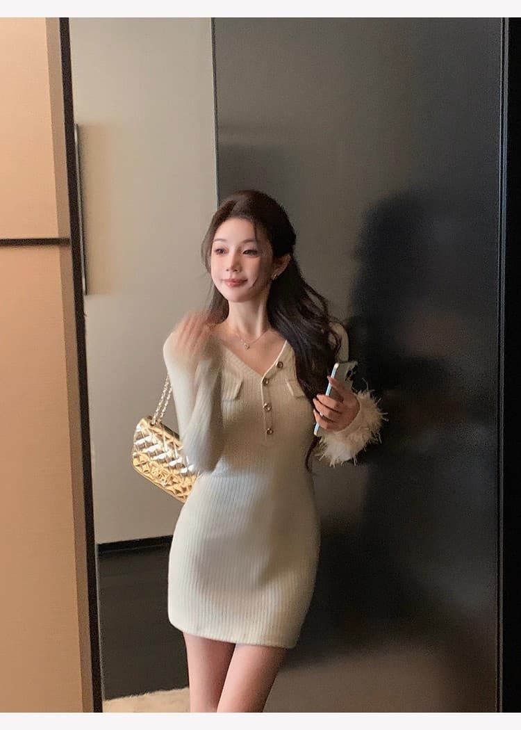 치우 고기 야오 화이트 털 머리 소매 샤오시엔 V넥 니트 여성 드레스 가을 새로운 몸매 가꾸기 품격 타이트 스커트 상세 이미지 40