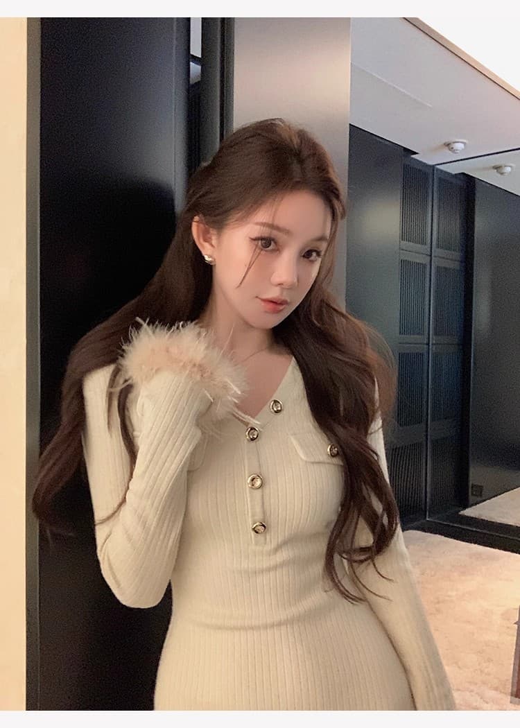 치우 고기 야오 화이트 털 머리 소매 샤오시엔 V넥 니트 여성 드레스 가을 새로운 몸매 가꾸기 품격 타이트 스커트 상세 이미지 41