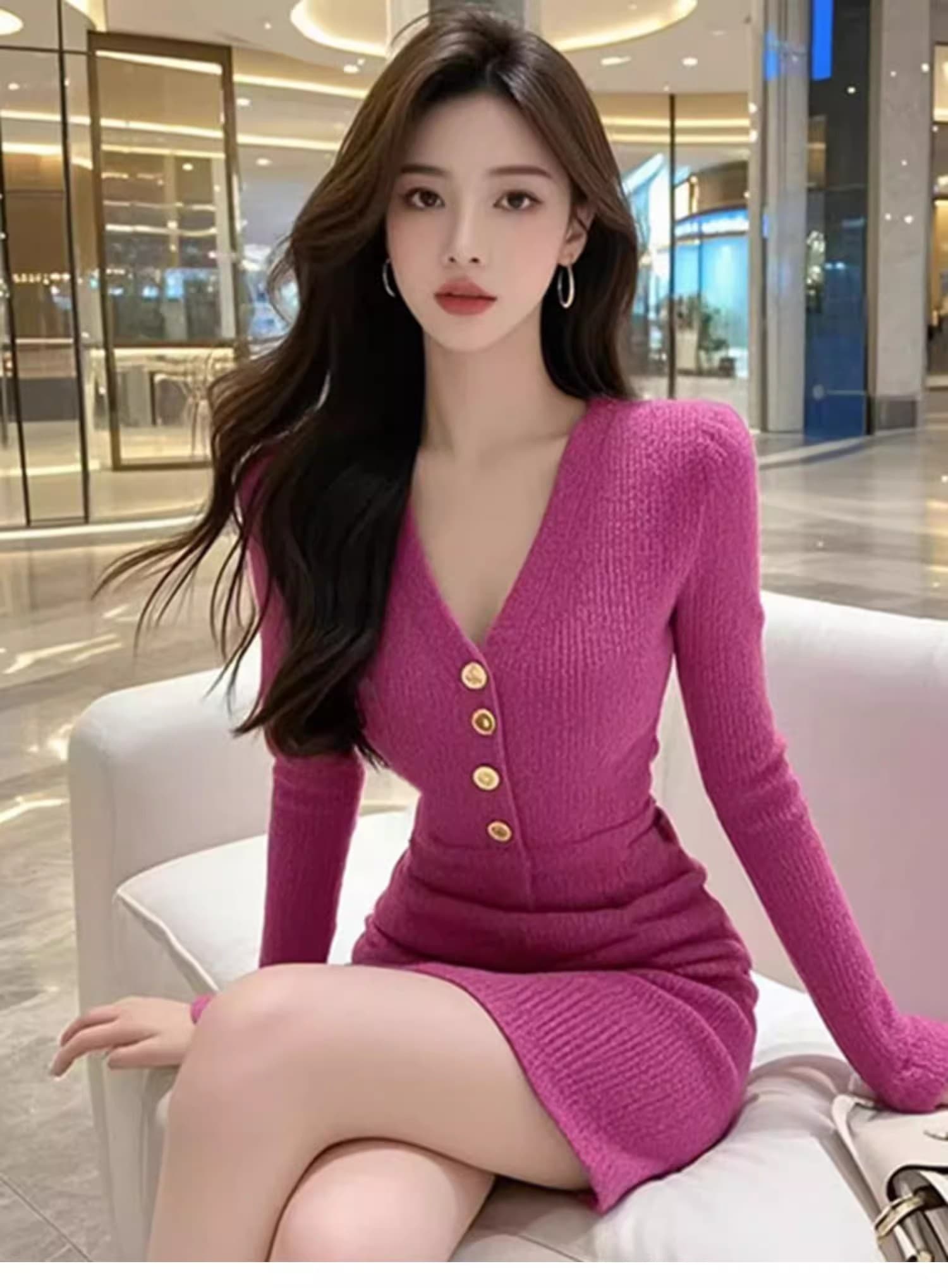 작은 대중 명문 여성 부서 V넥 긴팔 여성 드레스 2026 새로운 프랑스식 품격 허리 수축 슬림해 보이는 만나는 한 마디 미니 스커트 상세 이미지 2