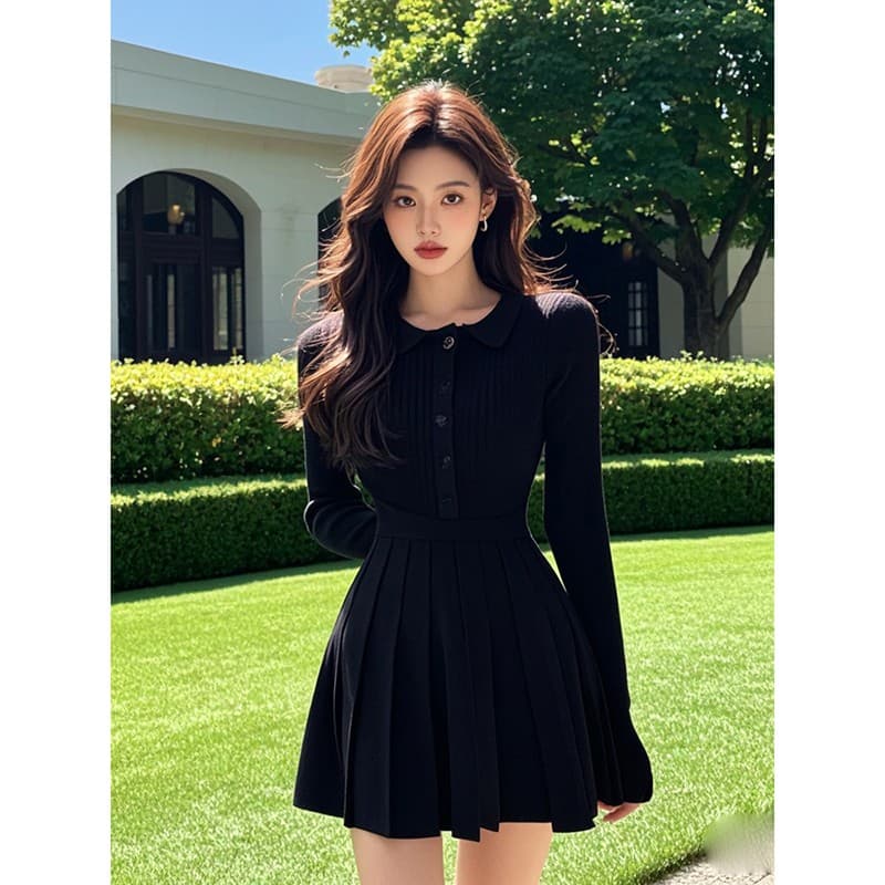 검정색 드레스 가을 의상 여자 2026 년 새로운 허리 수축 품격 싱글 줄 버튼 긴팔 POLO 칼라 플리츠 미니 스커트 상세 이미지 4