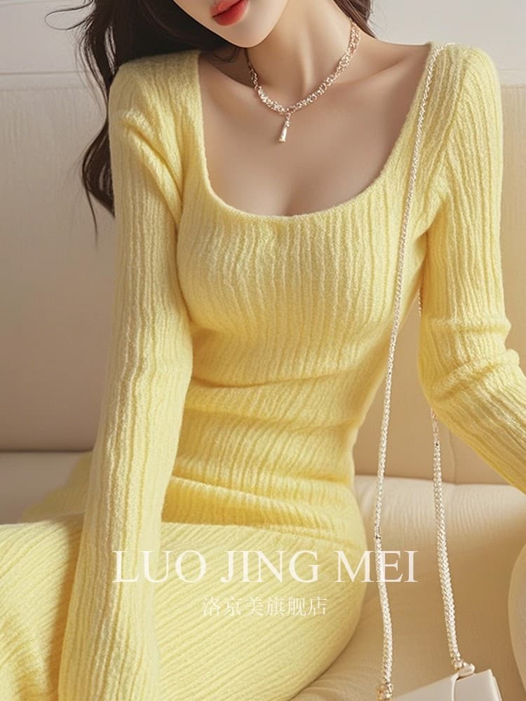 로얄 자매 Chic 아름다운 우유 씽 하는 소리 품격 치마 이른 가을 인사이드 가져 가라. 부유 한 가족 천 골드 몸매 가꾸기 황색 니트 드레스 상세 이미지 4