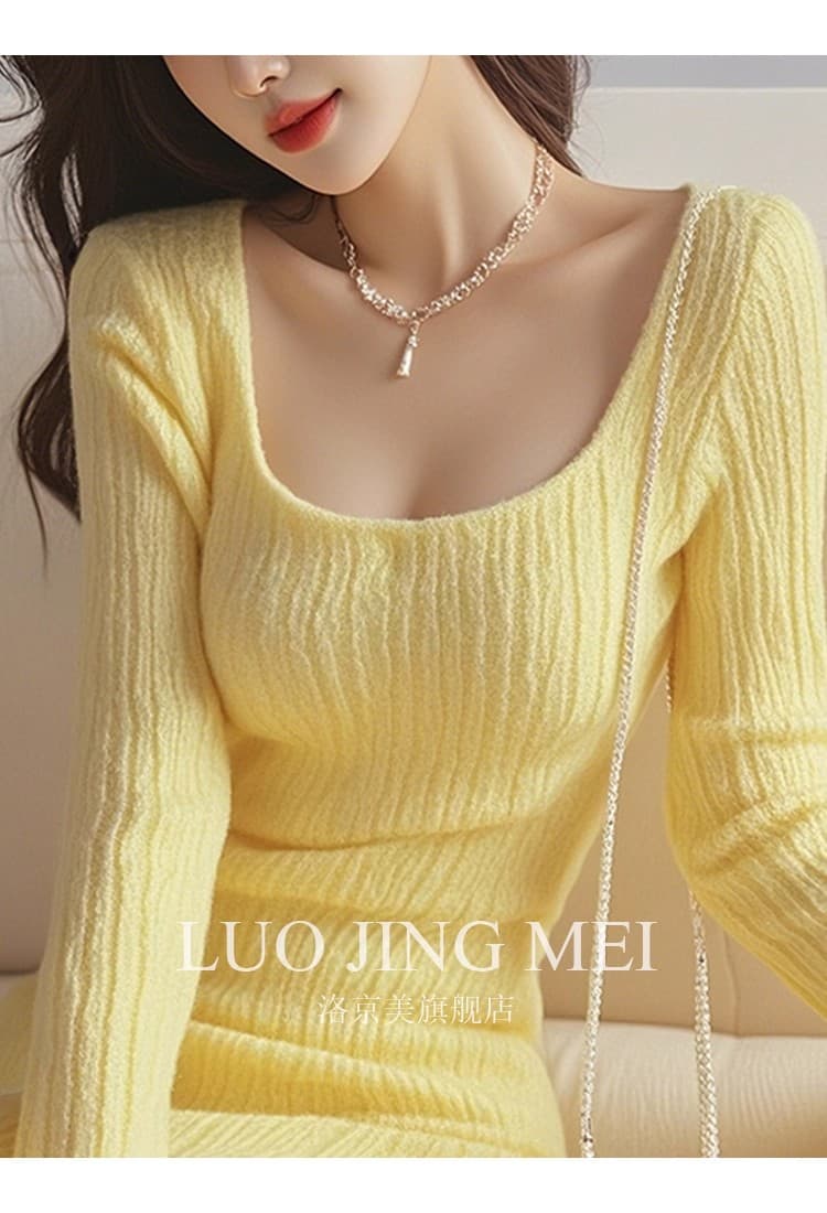 로얄 자매 Chic 아름다운 우유 씽 하는 소리 품격 치마 이른 가을 인사이드 가져 가라. 부유 한 가족 천 골드 몸매 가꾸기 황색 니트 드레스 상세 이미지 5