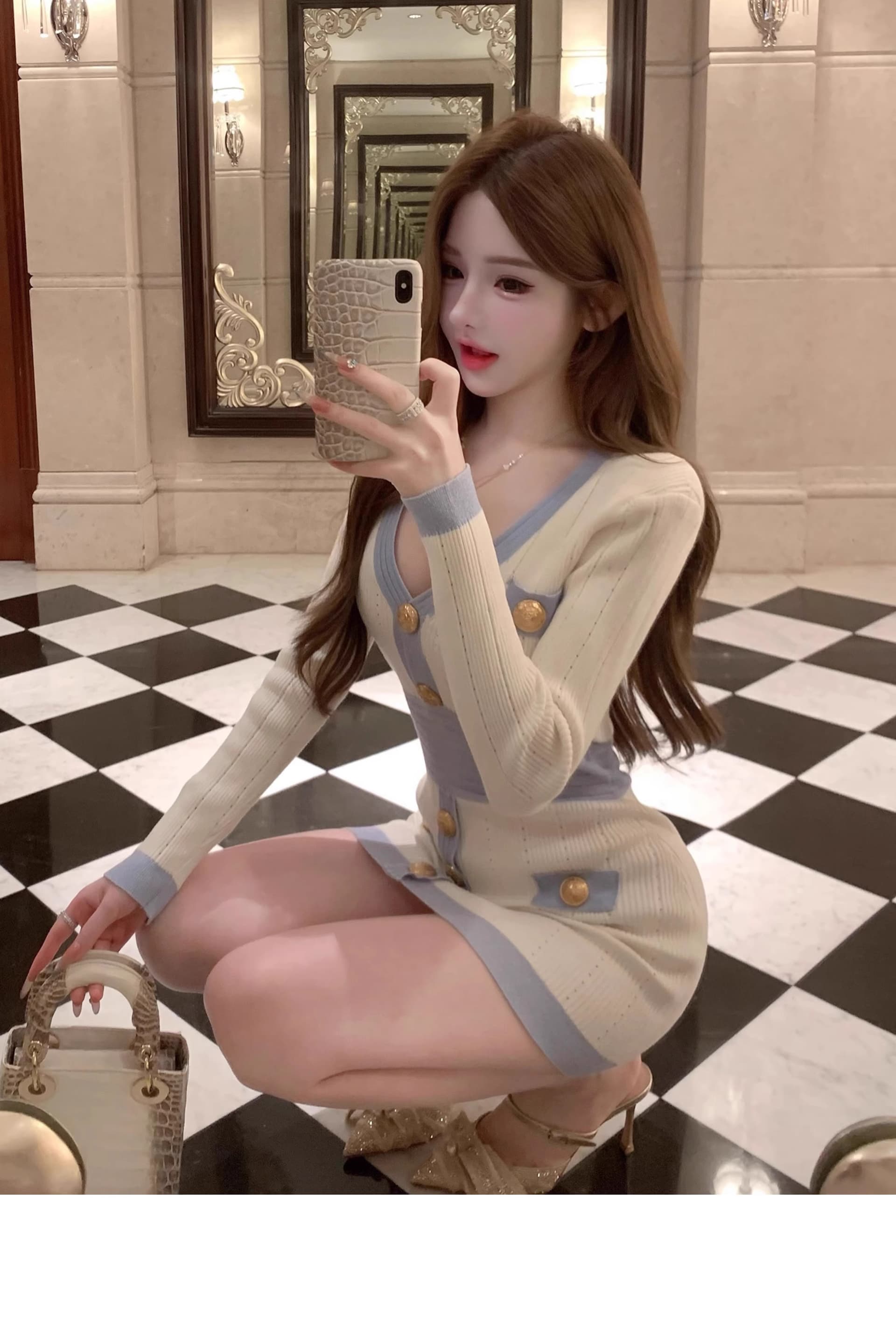 파란색 V넥 니트 긴 소매 여성 드레스 2026 가을 새로운 프랑스식 Jiao 욕망 천 골드 품격 슬림해 보이는 타이트 스커트 상세 이미지 3