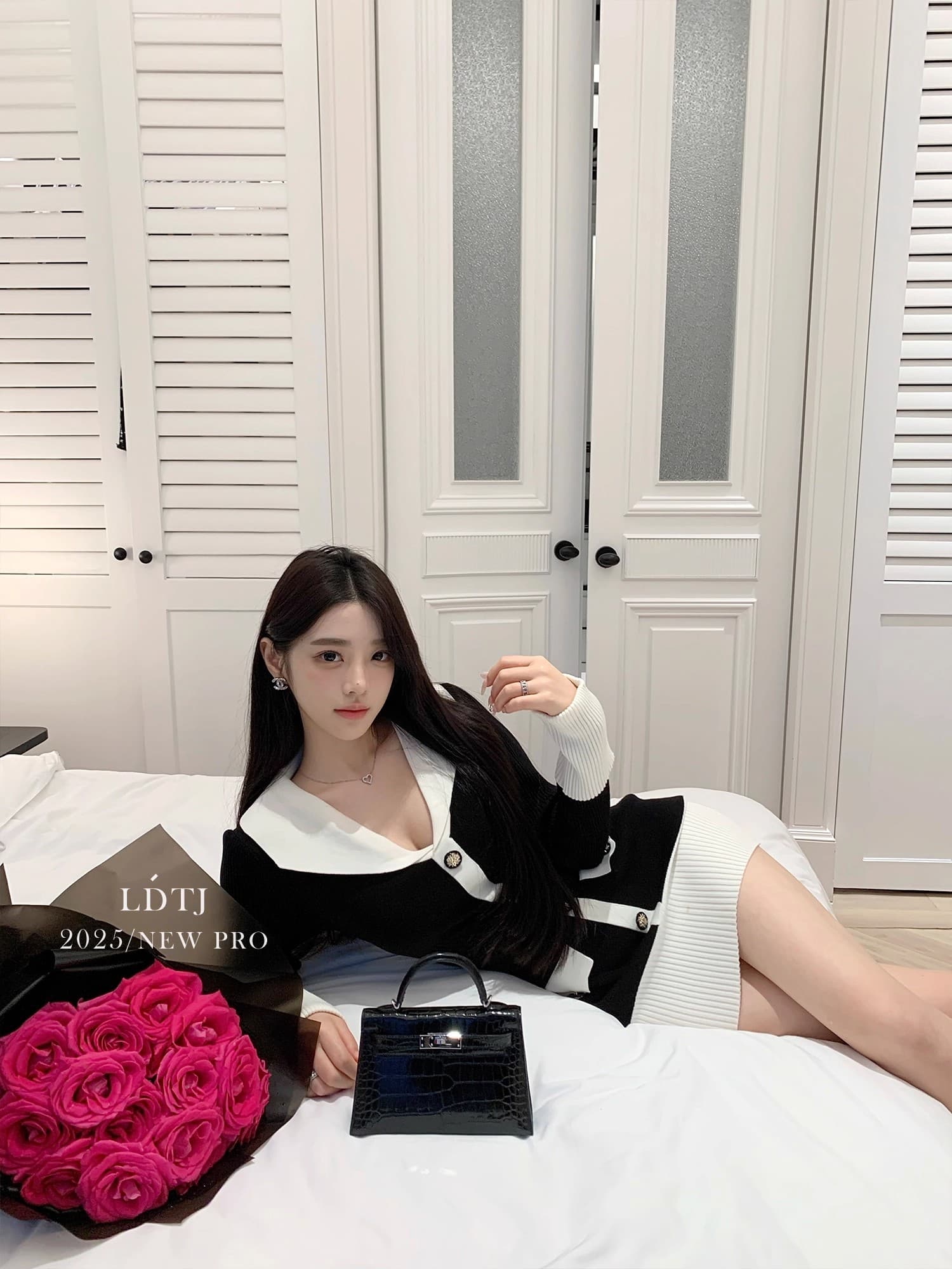 ldtj 높음 세트 흑인과 백인 콘체르토 가을 명문 여성 품격 배색 V넥 몸매 가꾸기 긴팔 니트 여성 드레스 상세 이미지 12