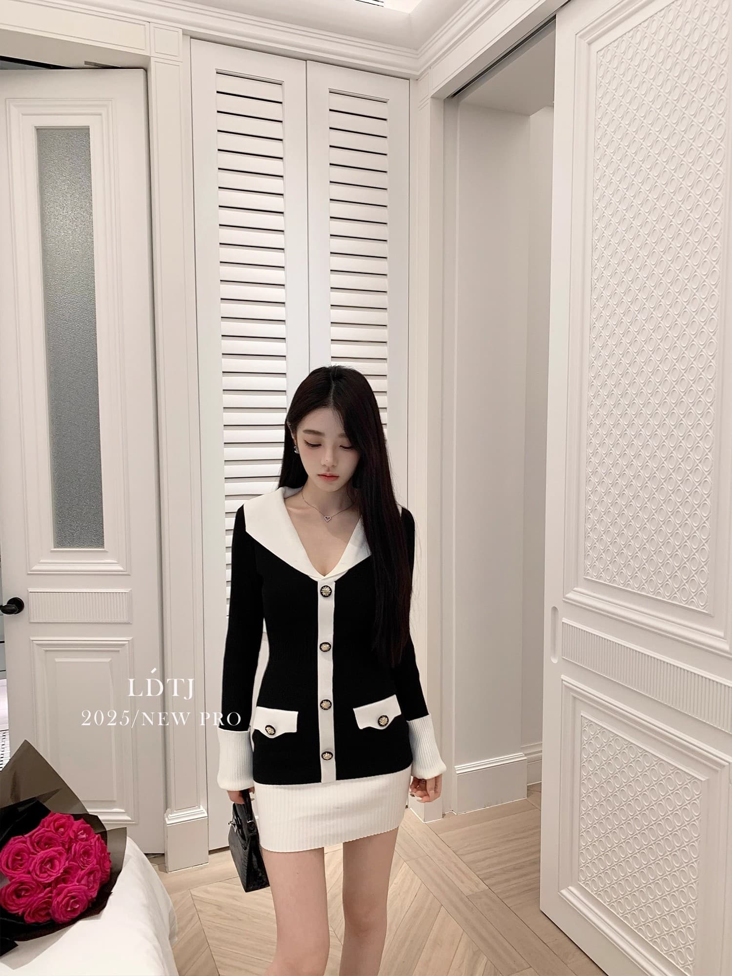 ldtj 높음 세트 흑인과 백인 콘체르토 가을 명문 여성 품격 배색 V넥 몸매 가꾸기 긴팔 니트 여성 드레스 상세 이미지 33