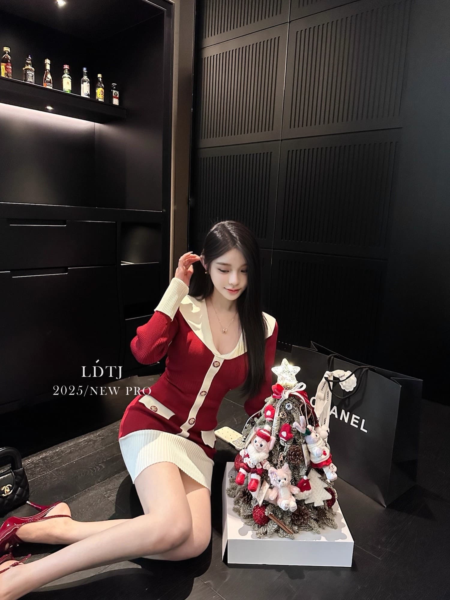 ldtj 높음 세트 흑인과 백인 콘체르토 가을 명문 여성 품격 배색 V넥 몸매 가꾸기 긴팔 니트 여성 드레스 상세 이미지 38