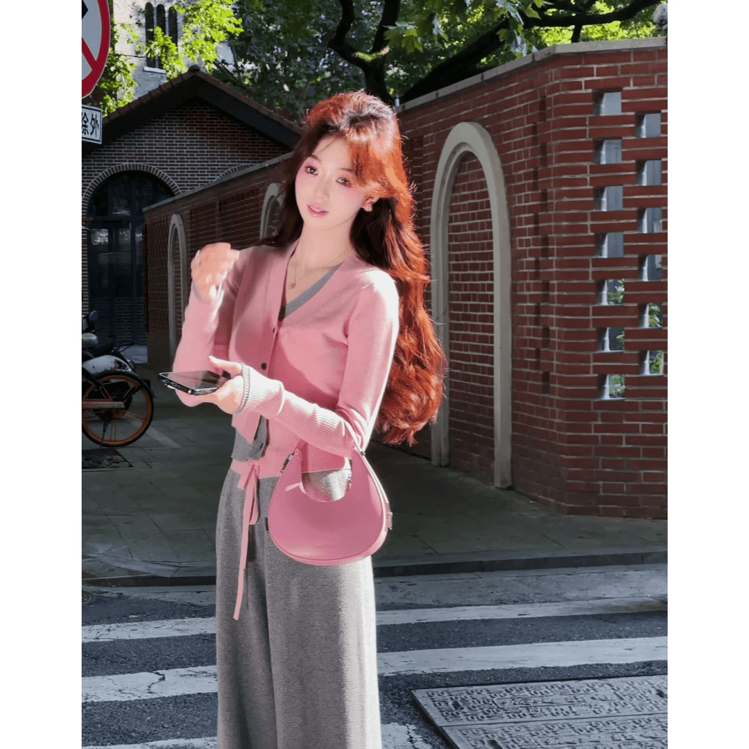 폭발 천천히 맞춤 해시계 복숭아 푸 패션 세트 캐주얼 와이드 레그 팬츠 니트 맨위 슬림해 보이는 이미지 2