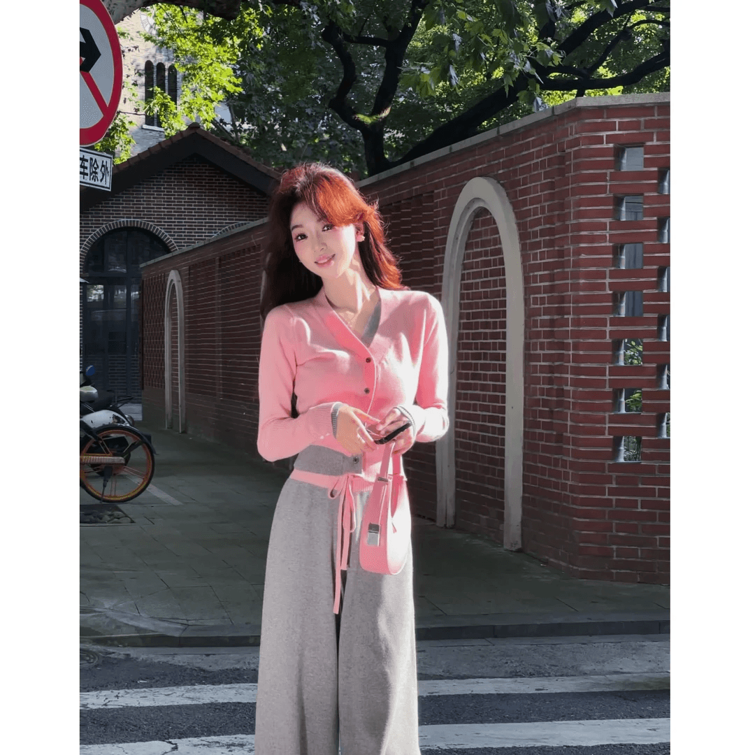 폭발 천천히 맞춤 해시계 복숭아 푸 패션 세트 캐주얼 와이드 레그 팬츠 니트 맨위 슬림해 보이는 이미지 3