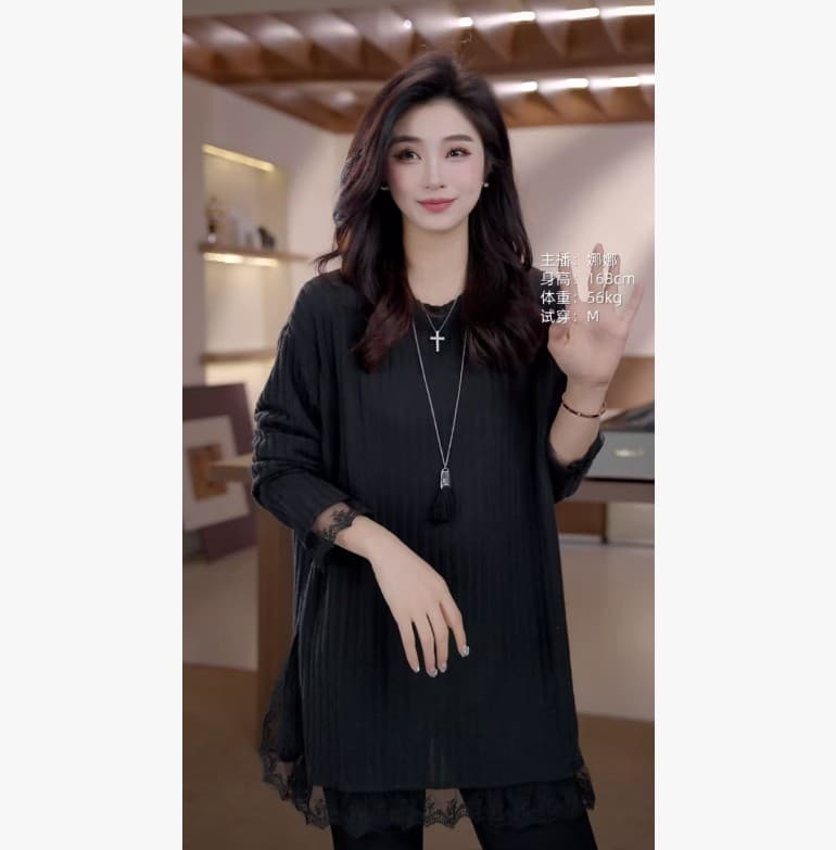 2026 년 봄 새로운 패션 다용도 레이스 레이스 패치워크 라운드 넥 기본 셔츠 스웨터 유럽 한 대기 겨울 이미지 3