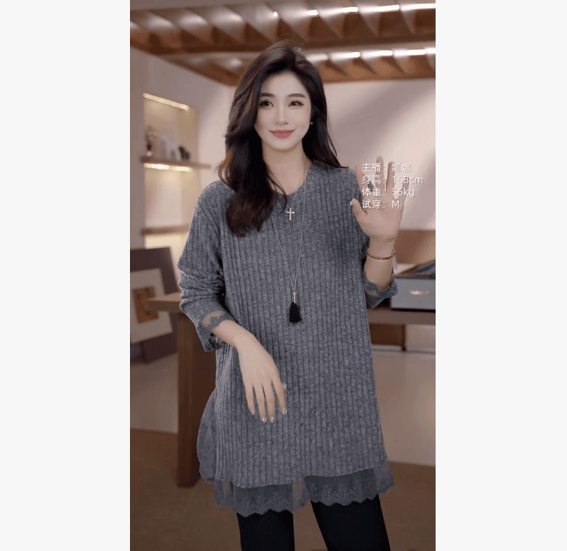 2026 년 봄 새로운 패션 다용도 레이스 레이스 패치워크 라운드 넥 기본 셔츠 스웨터 유럽 한 대기 겨울 상세 이미지 2