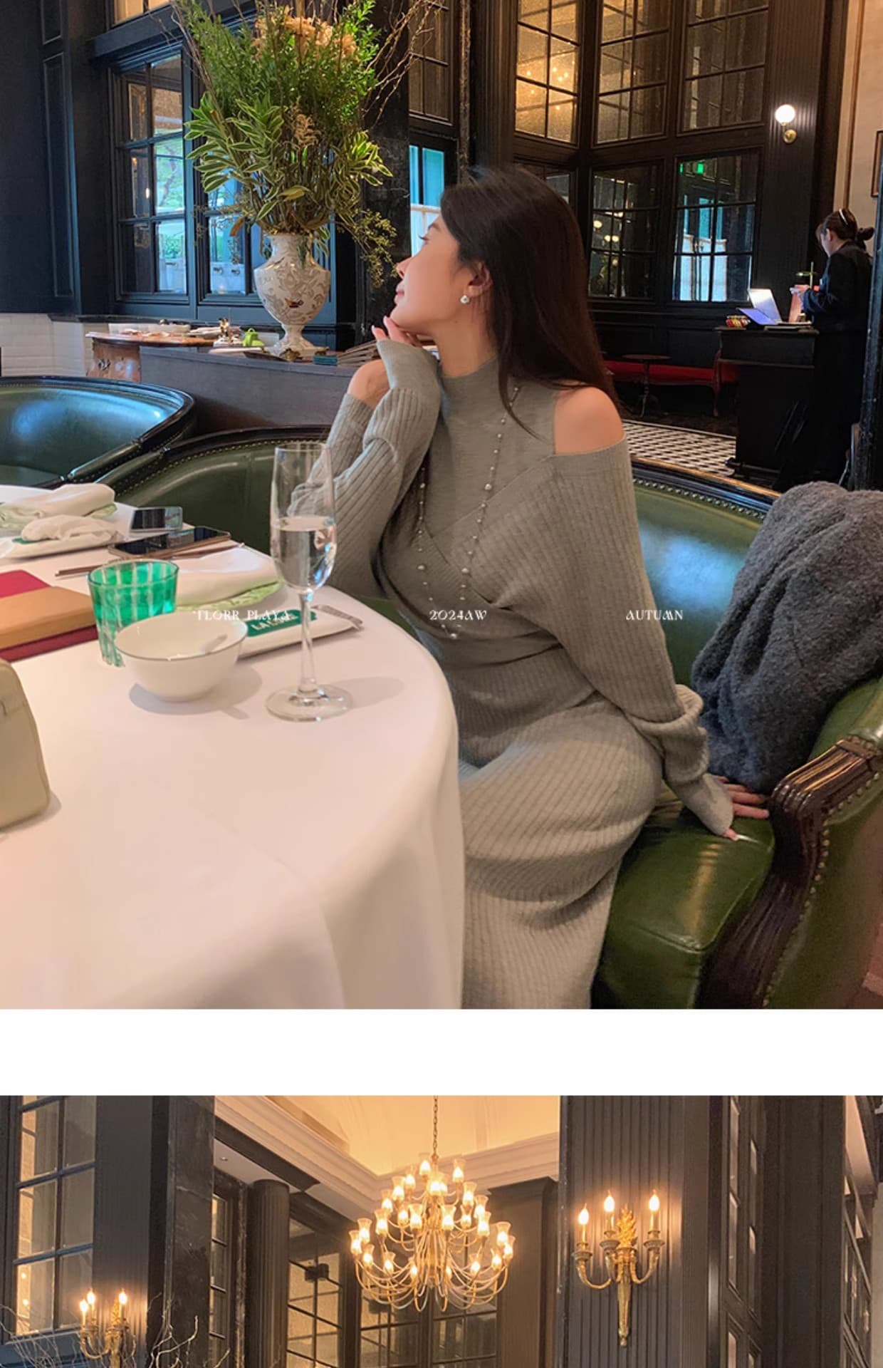 꽃 위안 이상적인 유럽 니켈 품격 허리 수축 니트 여성 드레스 가을 겨울 디자인 센스 오프숄더 페이크 레이어드 롱 스커트 상세 이미지 13