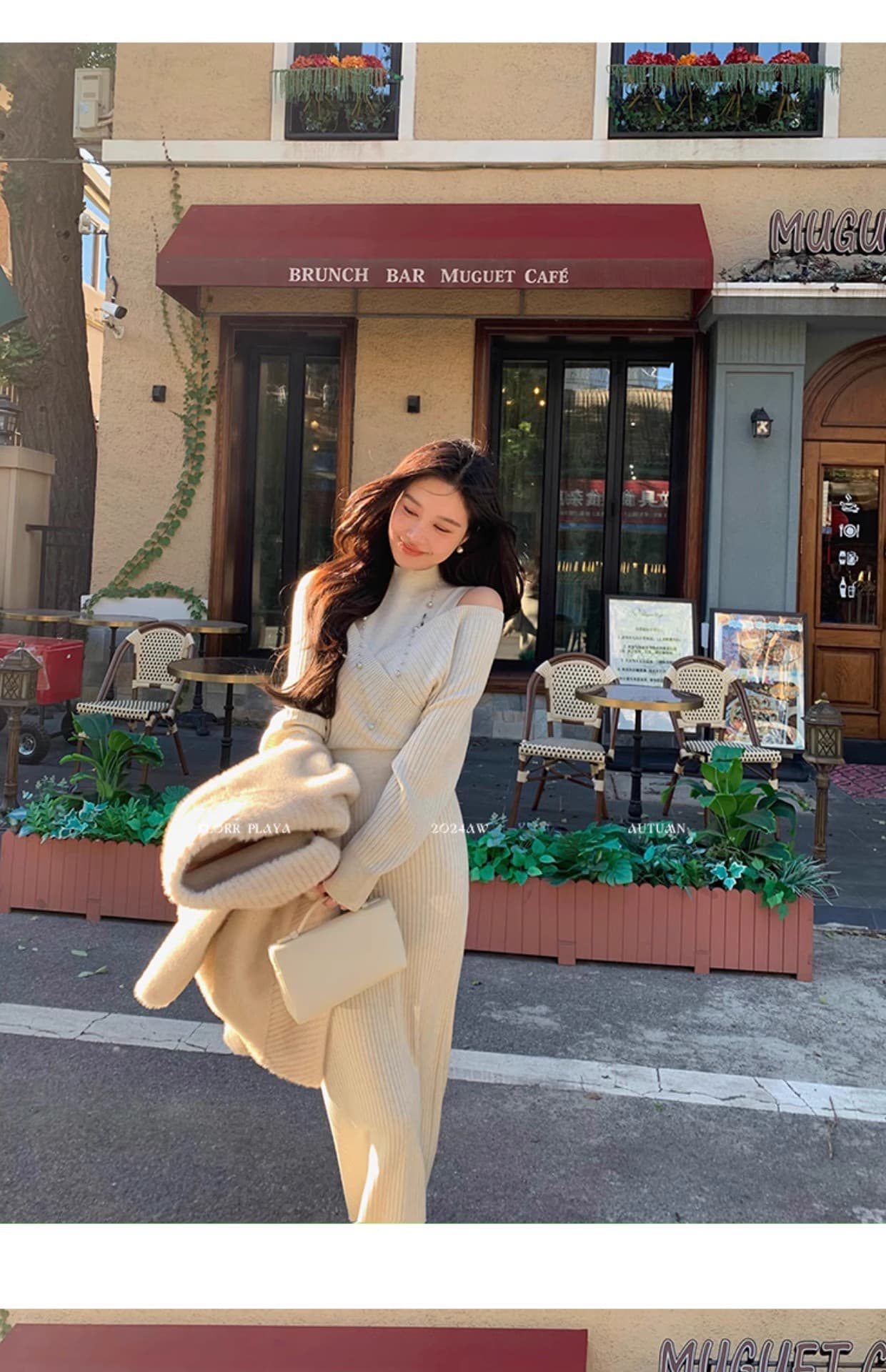 꽃 위안 이상적인 유럽 니켈 품격 허리 수축 니트 여성 드레스 가을 겨울 디자인 센스 오프숄더 페이크 레이어드 롱 스커트 상세 이미지 16