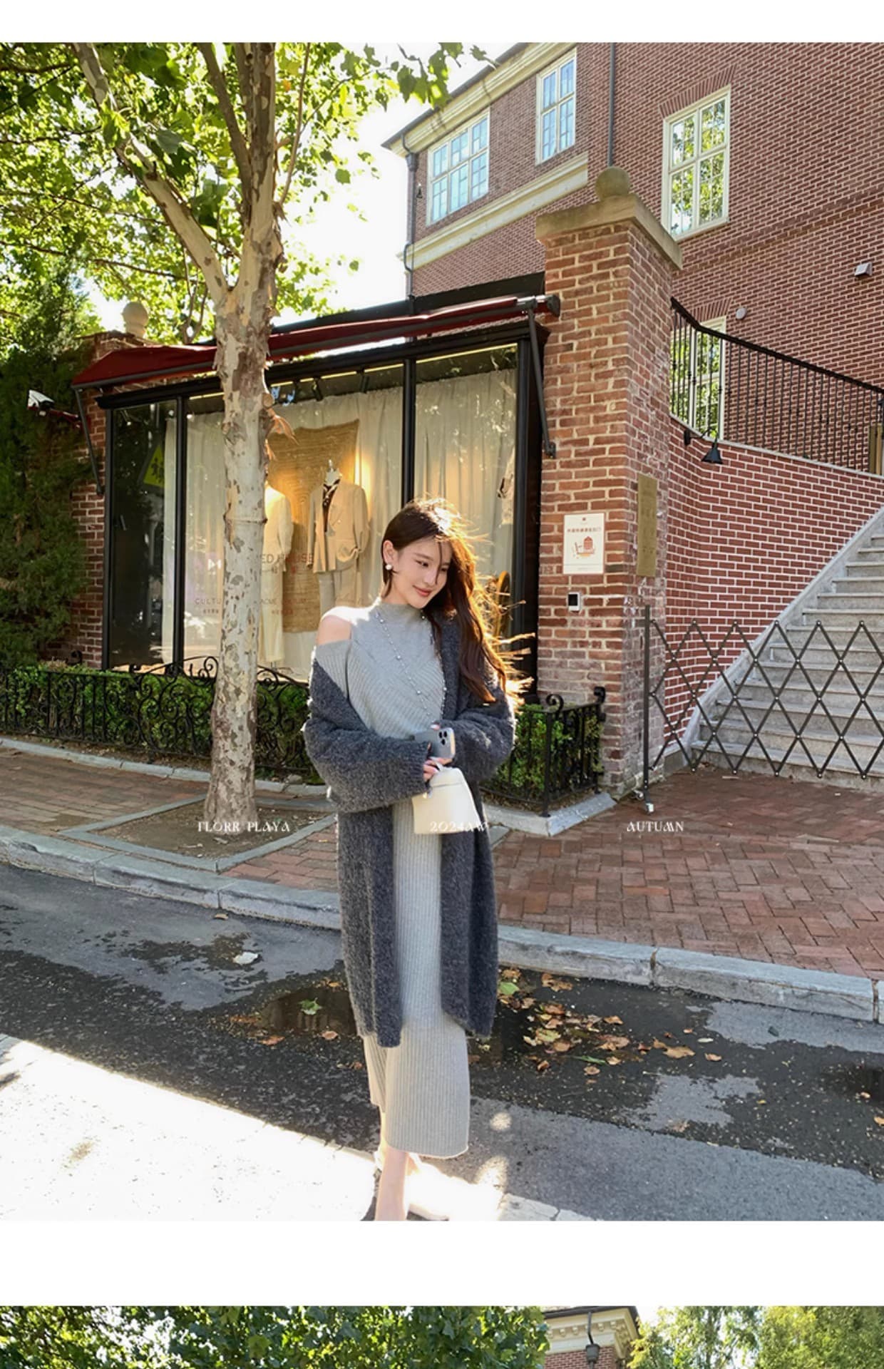 꽃 위안 이상적인 유럽 니켈 품격 허리 수축 니트 여성 드레스 가을 겨울 디자인 센스 오프숄더 페이크 레이어드 롱 스커트 상세 이미지 31