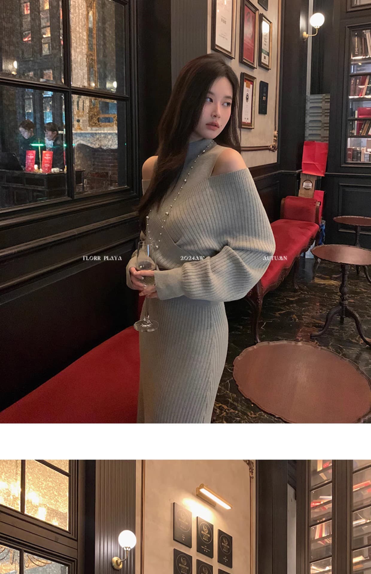 꽃 위안 이상적인 유럽 니켈 품격 허리 수축 니트 여성 드레스 가을 겨울 디자인 센스 오프숄더 페이크 레이어드 롱 스커트 상세 이미지 33