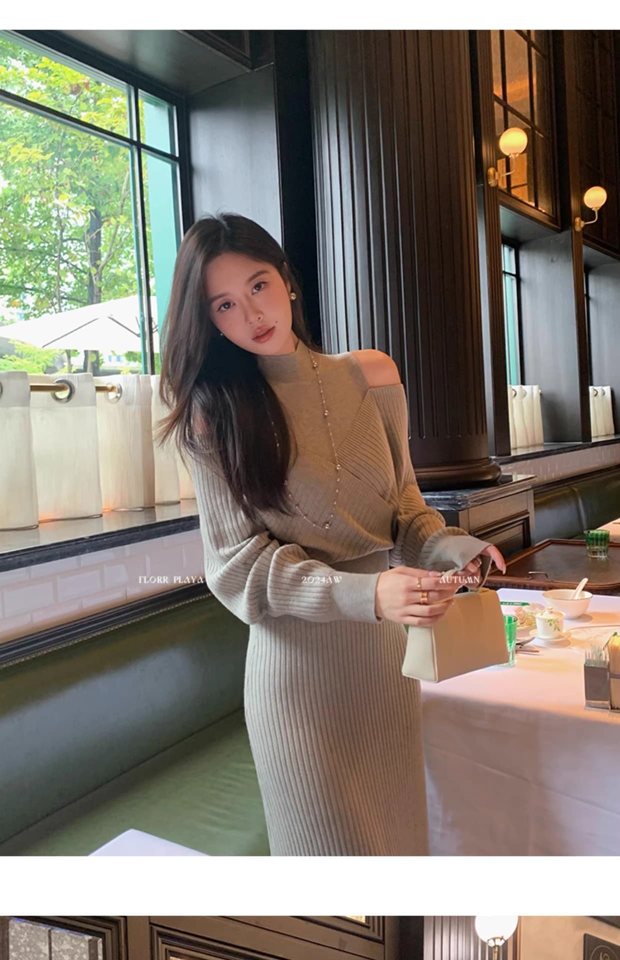 꽃 위안 이상적인 유럽 니켈 품격 허리 수축 니트 여성 드레스 가을 겨울 디자인 센스 오프숄더 페이크 레이어드 롱 스커트 상세 이미지 35