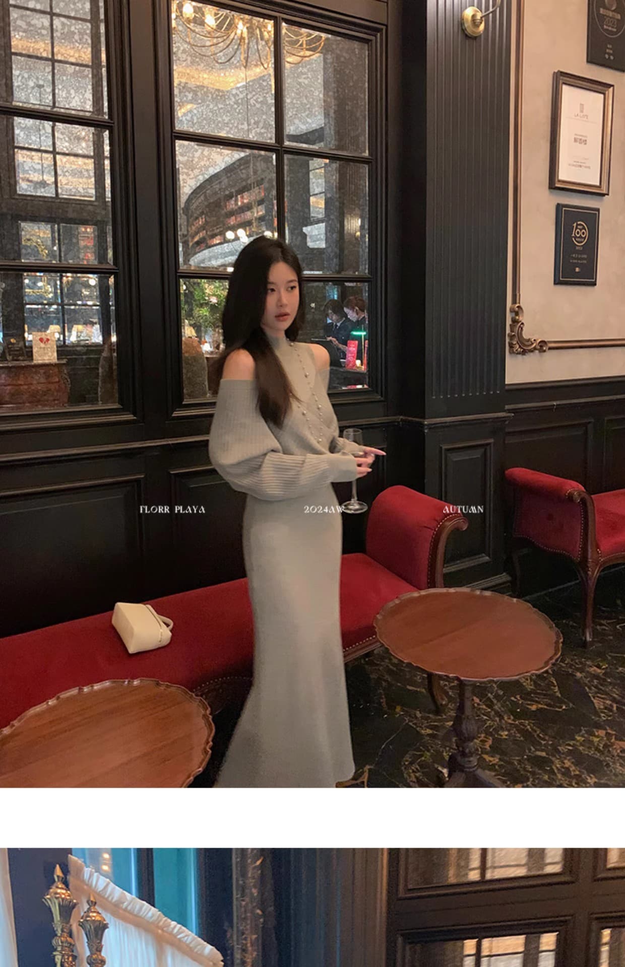 꽃 위안 이상적인 유럽 니켈 품격 허리 수축 니트 여성 드레스 가을 겨울 디자인 센스 오프숄더 페이크 레이어드 롱 스커트 상세 이미지 36