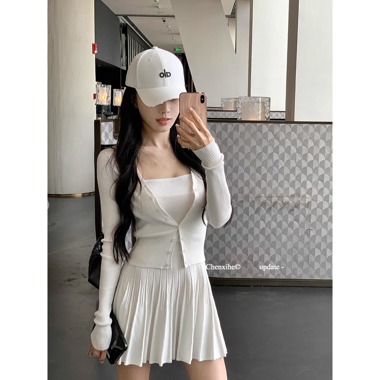 그는 아침 전체 집합 ootd 착용 가져 가라. 세트 여성 짧은 니트 몸매 가꾸기 오픈 가디건 맨위 한 마디 플리츠 슬립 드레스 이미지 2