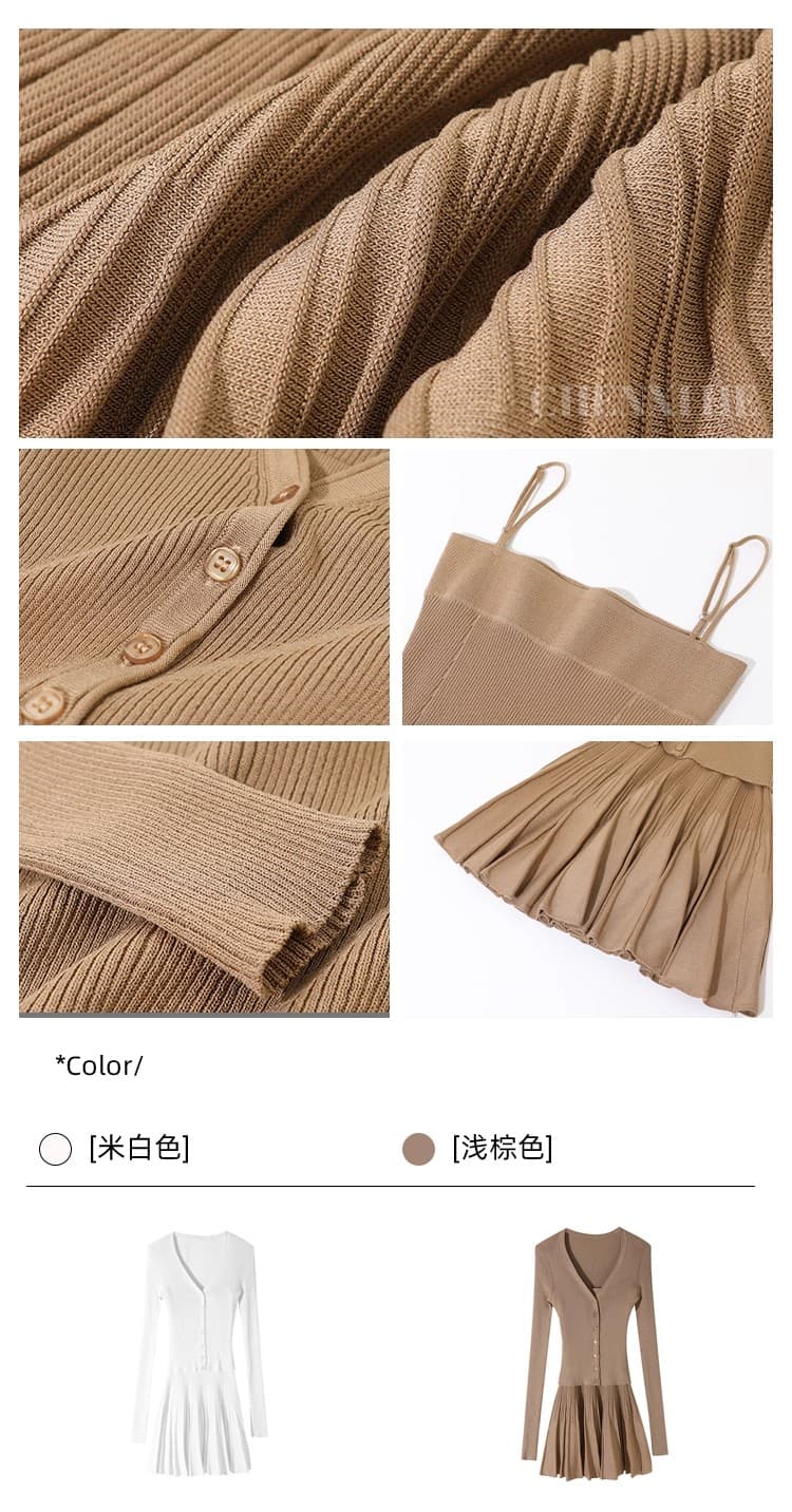 그는 아침 전체 집합 ootd 착용 가져 가라. 세트 여성 짧은 니트 몸매 가꾸기 오픈 가디건 맨위 한 마디 플리츠 슬립 드레스 상세 이미지 10