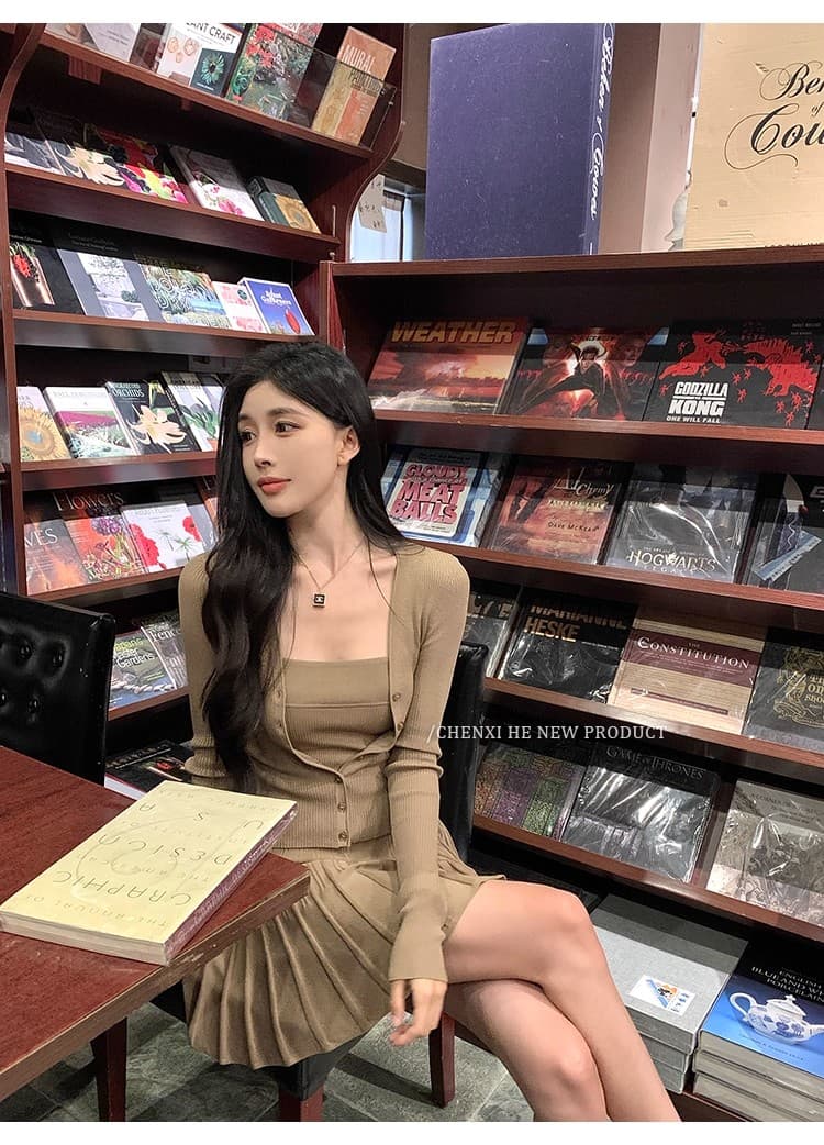 그는 아침 전체 집합 ootd 착용 가져 가라. 세트 여성 짧은 니트 몸매 가꾸기 오픈 가디건 맨위 한 마디 플리츠 슬립 드레스 상세 이미지 18