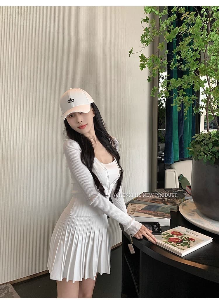 그는 아침 전체 집합 ootd 착용 가져 가라. 세트 여성 짧은 니트 몸매 가꾸기 오픈 가디건 맨위 한 마디 플리츠 슬립 드레스 상세 이미지 22