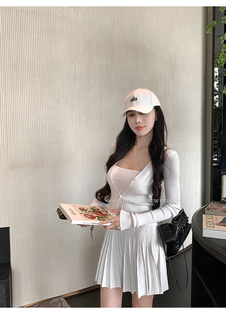 그는 아침 전체 집합 ootd 착용 가져 가라. 세트 여성 짧은 니트 몸매 가꾸기 오픈 가디건 맨위 한 마디 플리츠 슬립 드레스 상세 이미지 23
