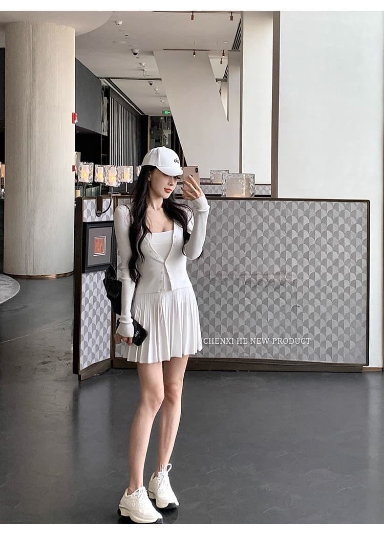그는 아침 전체 집합 ootd 착용 가져 가라. 세트 여성 짧은 니트 몸매 가꾸기 오픈 가디건 맨위 한 마디 플리츠 슬립 드레스 상세 이미지 25