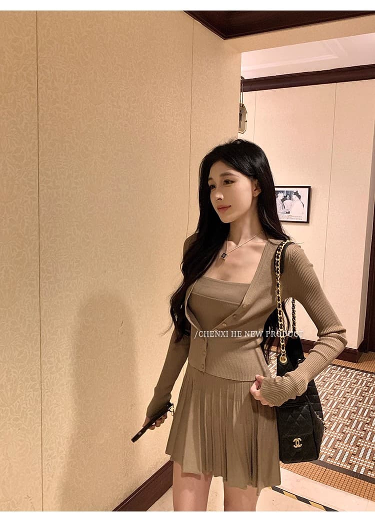 그는 아침 전체 집합 ootd 착용 가져 가라. 세트 여성 짧은 니트 몸매 가꾸기 오픈 가디건 맨위 한 마디 플리츠 슬립 드레스 상세 이미지 31