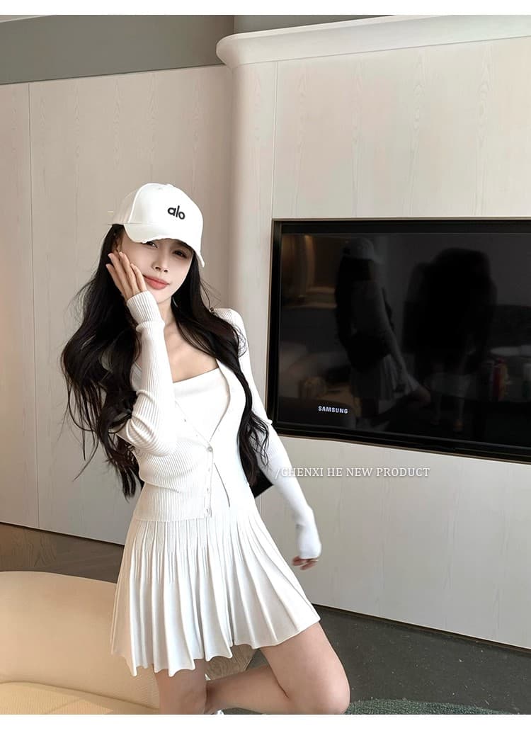 그는 아침 전체 집합 ootd 착용 가져 가라. 세트 여성 짧은 니트 몸매 가꾸기 오픈 가디건 맨위 한 마디 플리츠 슬립 드레스 상세 이미지 38