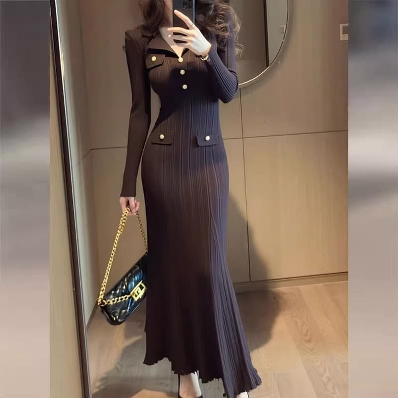 프랑스식 출퇴근 브라운 폴로 칼라 니트 드레스 아이들 2026 새로운 가을 고급 센스 품격 허리 수축 롱 스커트 이미지 5