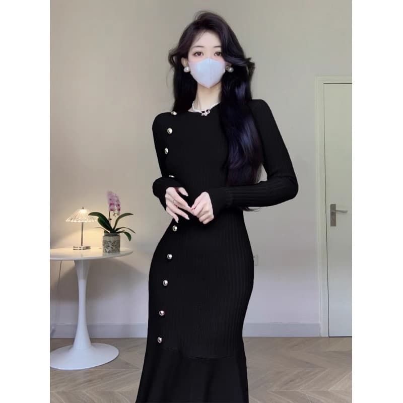 고유 한 아름다운 인어 꼬리 스커트 아이들 가을 겨울 빛 럭셔리 고급 관대 한 점잖은 프랑스식 꼬집기 허리 화이트 니트 드레스 이미지 4